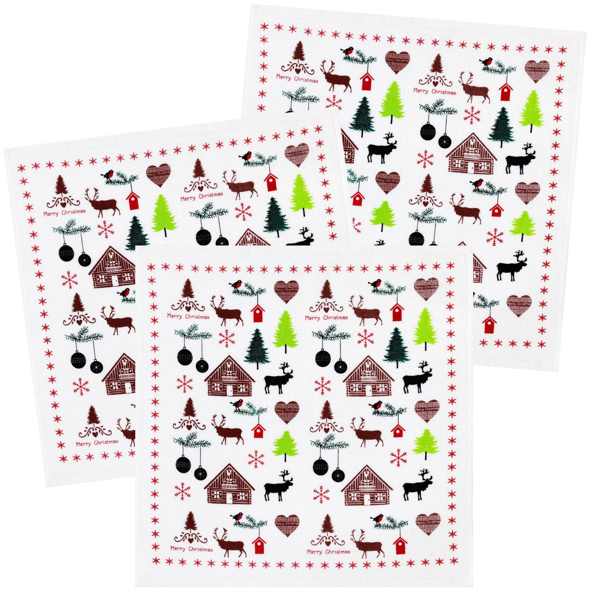 Kracht Geschirrtuch Blockhütte, (Set, 3-tlg., Set), 3er Pack Frottee Küchenhandtücher (3 Stück), ca.50x50cm Baumwolle