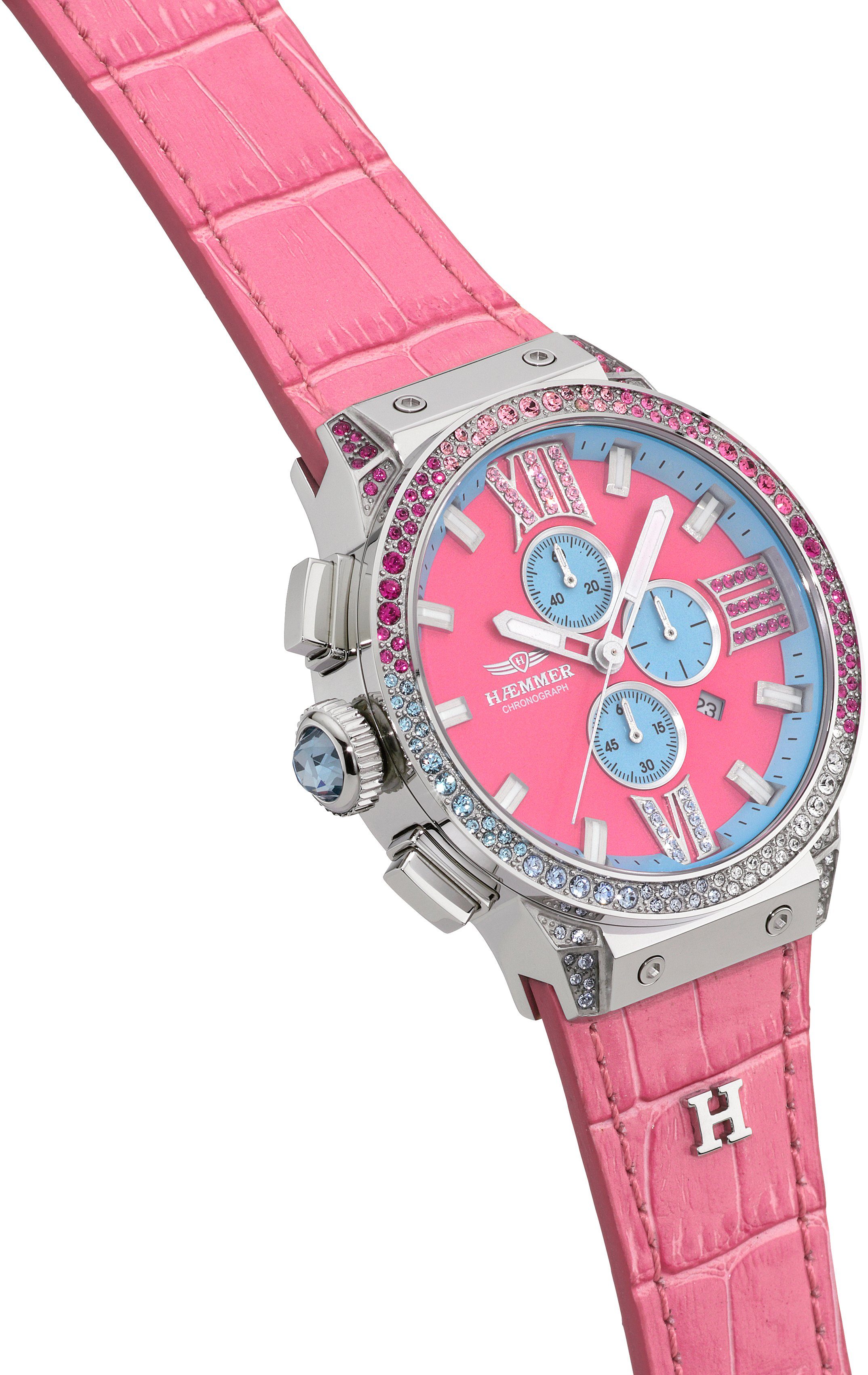 HAEMMER GERMANY Chronograph EMINENT RUBY, E-011, Quarzuhr, Damenuhr, Datum, Stoppfunktion, Saphirglas, Lederarmband
