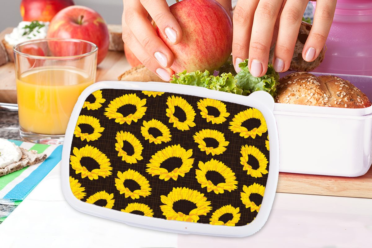 MuchoWow Lunchbox Muster Jungs für Mädchen Brotdose, (2-tlg), und - Kunststoff, und weiß - Gelb, Brotbox Kinder Sonnenblumen Erwachsene, für