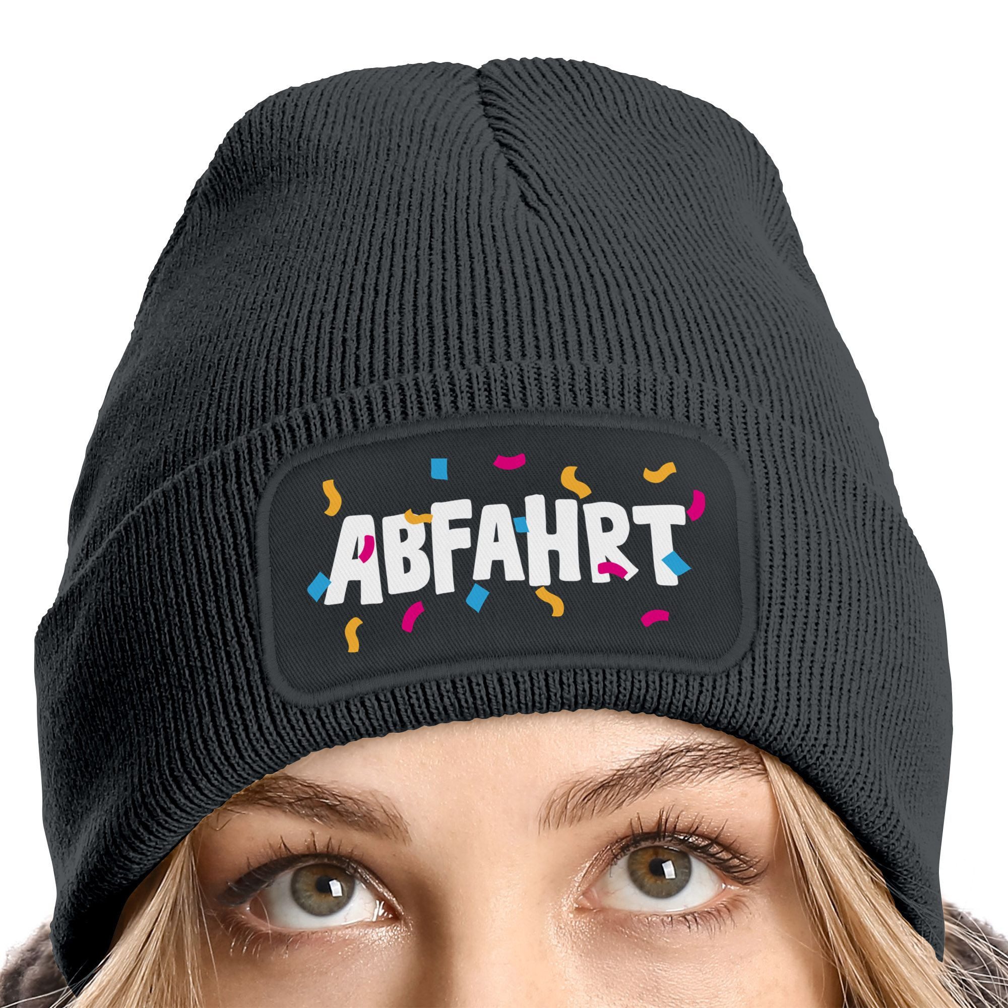 MoonWorks Strickmütze Damen Beanie mit Patch Strickmütze mit Spruch Aufdruck Lustig