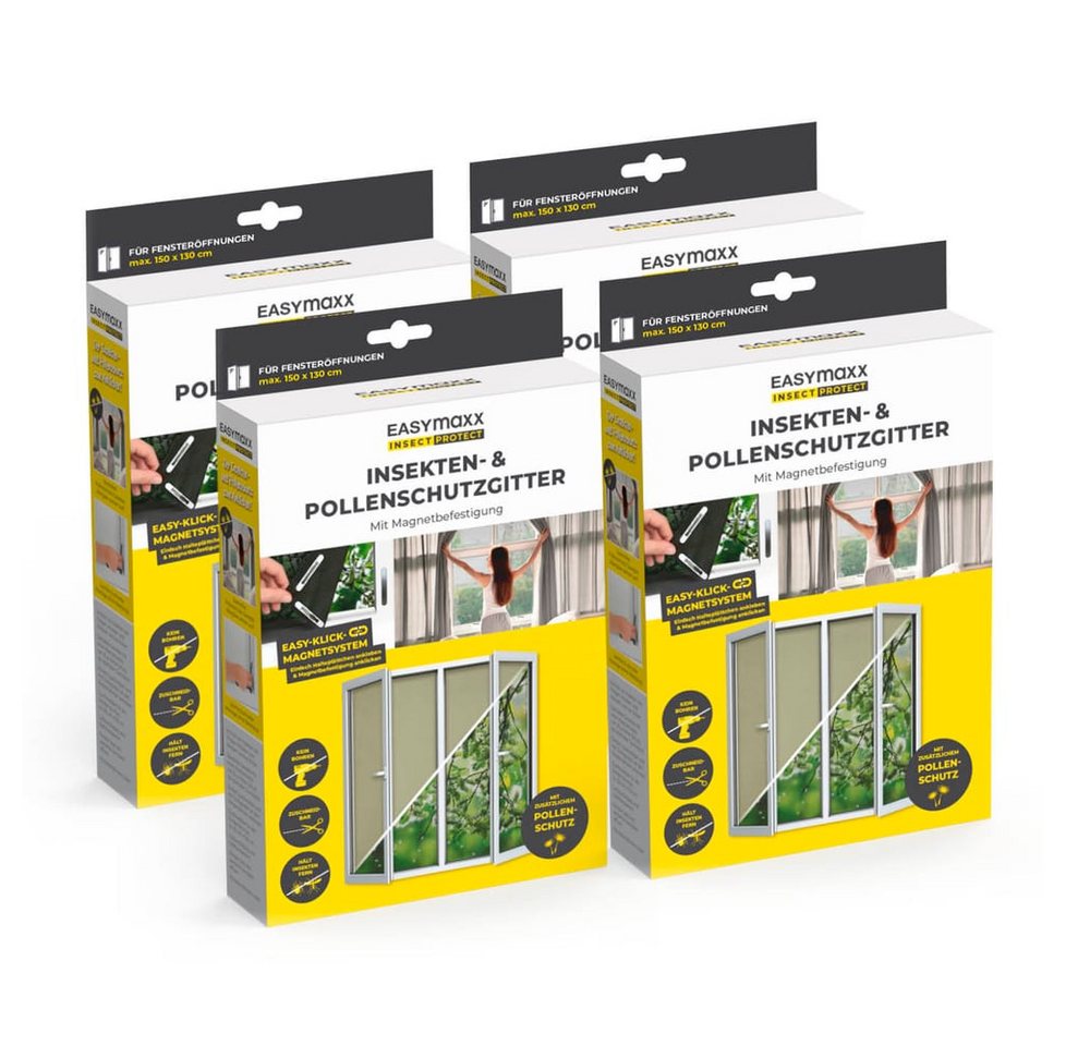 EASYmaxx Insektenschutz-Fensterrahmen Insect Protect Insekten- & Pollenschutzgitter 150 x 130 cm, (4-St), Moskitonetz zuschneidbar, Einfache Montage mit 12 Magneten
