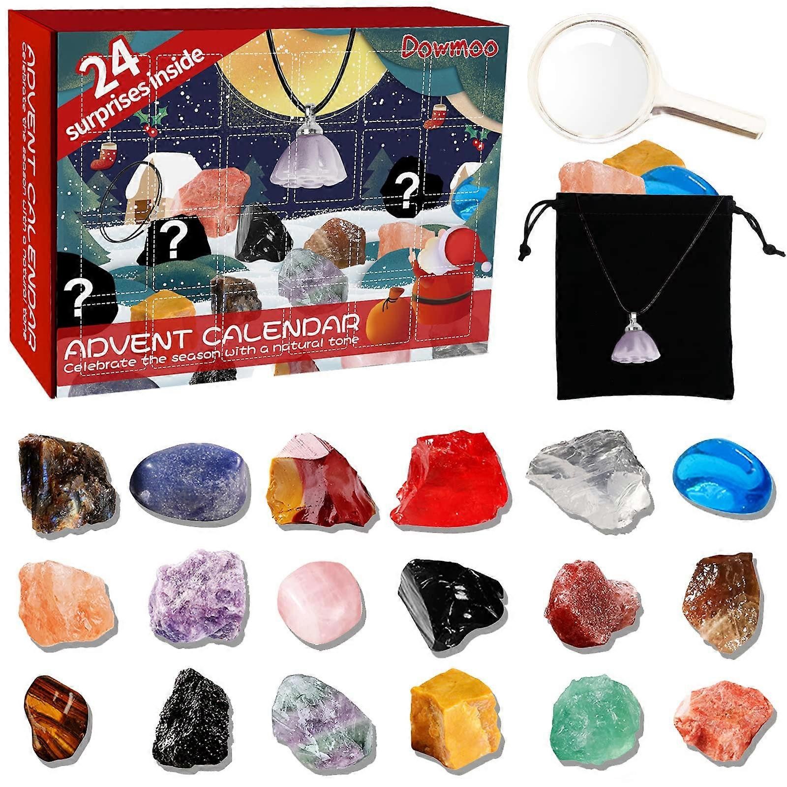 Dowmoo Adventskalender Gemstone Advent Calendar 2024 Edelstein-Set mit 24 echten Steinen, Kristalle, Minerale, Fossilien, Lernkalender für Kinder, Weihnachtsbox