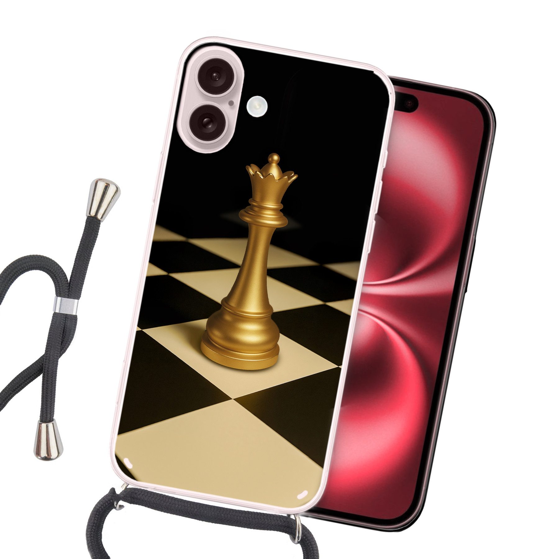 MuchoWow Handyhülle für Apple iPhone 16 Dame - Schachfigur - Blockiert - Gold, Tragbare Handyhüllen mit Kette zum umhängen, Handykette Handyband