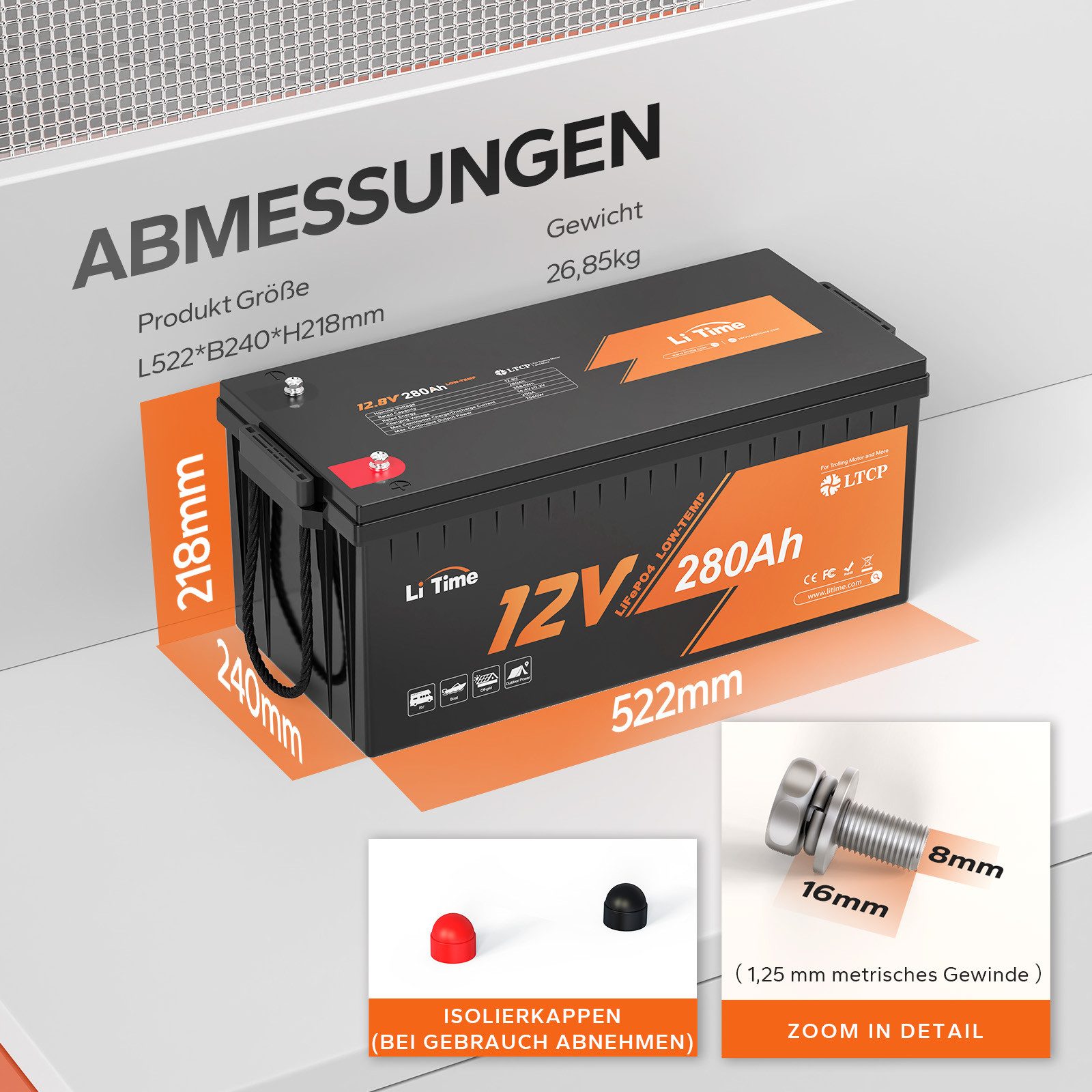 LiTime 12V 280Ah LiFePO4 Batterie Low-Temp-Schutz 3 % Selbstentladung Solarakkus (12 V), IP65, Energiespeicher für Wohnmobil Solar USV Yacht