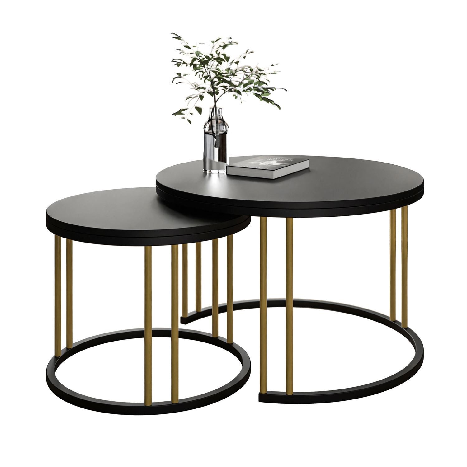 Lookway Couchtisch LORI 2in1 MIX II mit schwarzer matt Platte (2er Set), Durchmesser: ⌀70 cm und ⌀50 cm, Höhe: 49 cm und 44 cm