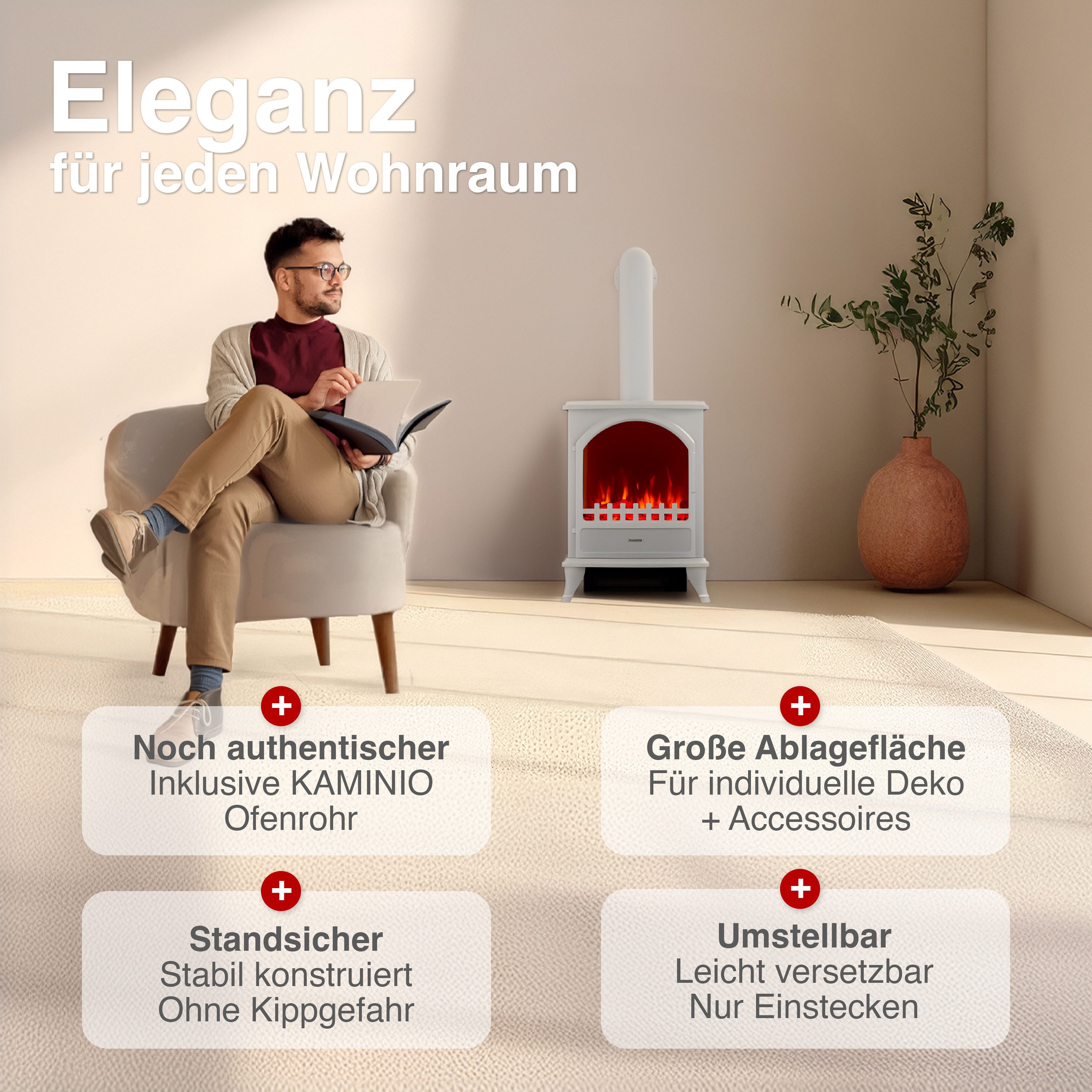 KAMINIO Elektrokamin LENI, Elektrischer Kamin mit 3D-Flammeneffekt, Heizung 1800W