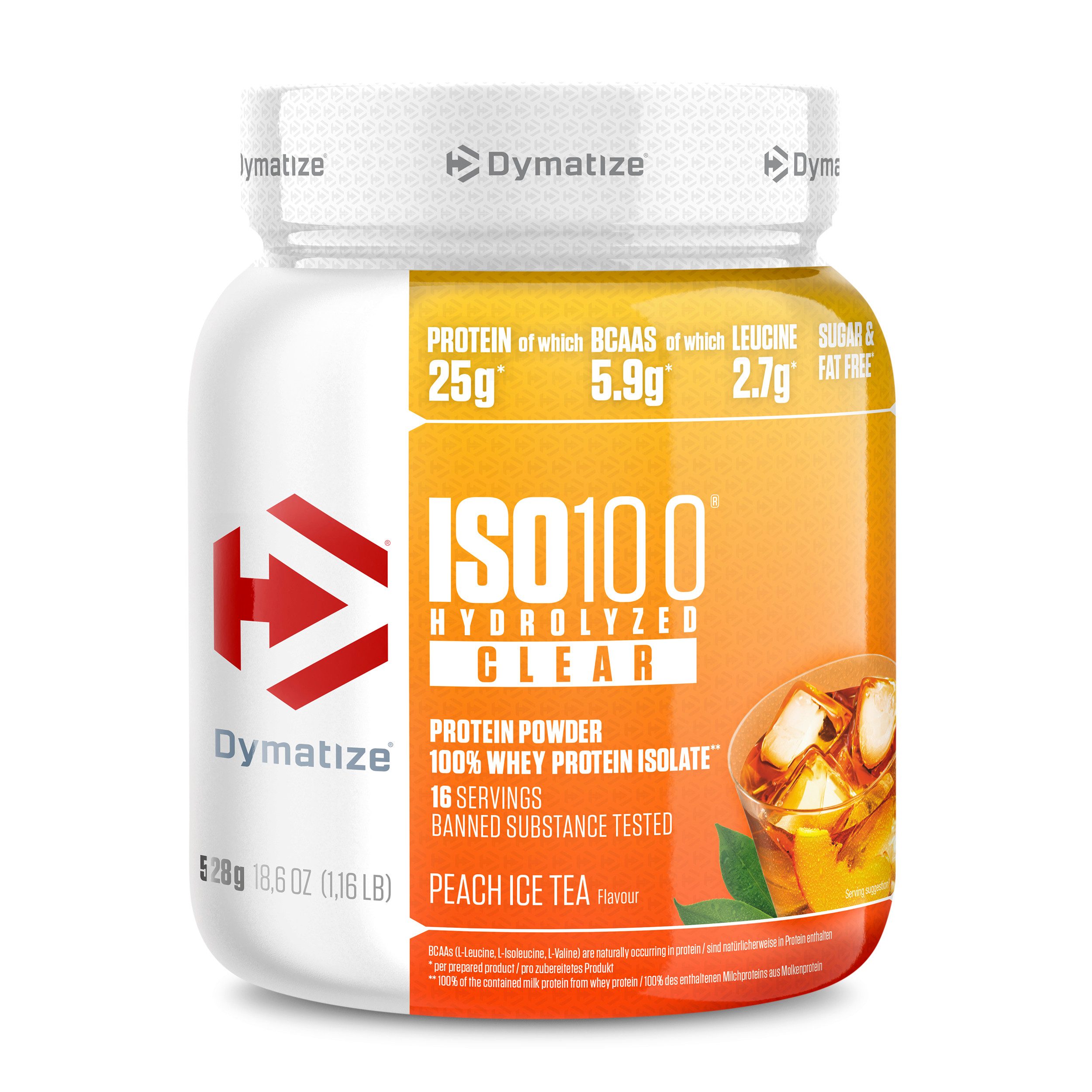 Dymatize ISO 100 Hydrolized Clear Peach Ice Tea 528g Whey Protein Pulver Pulver, 1 er 1 St., 528 g