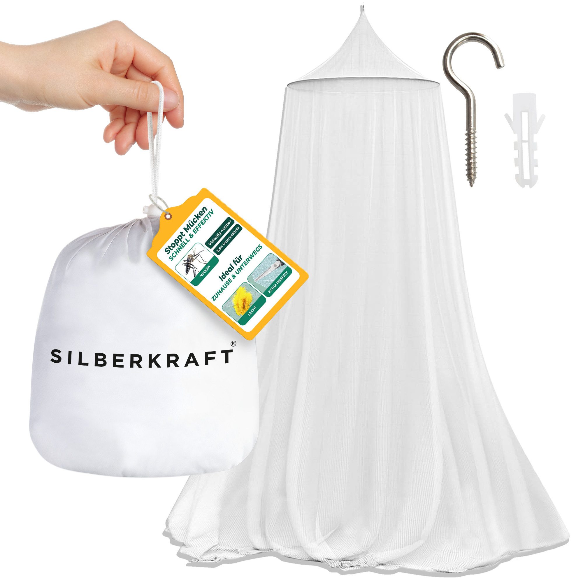 Silberkraft Betthimmel Moskitonetz mit Haken fürs Bett, Reisen, Outdoor und Camping (1-tlg), mit Haken; mit Tragebeutel und Reisverschluss