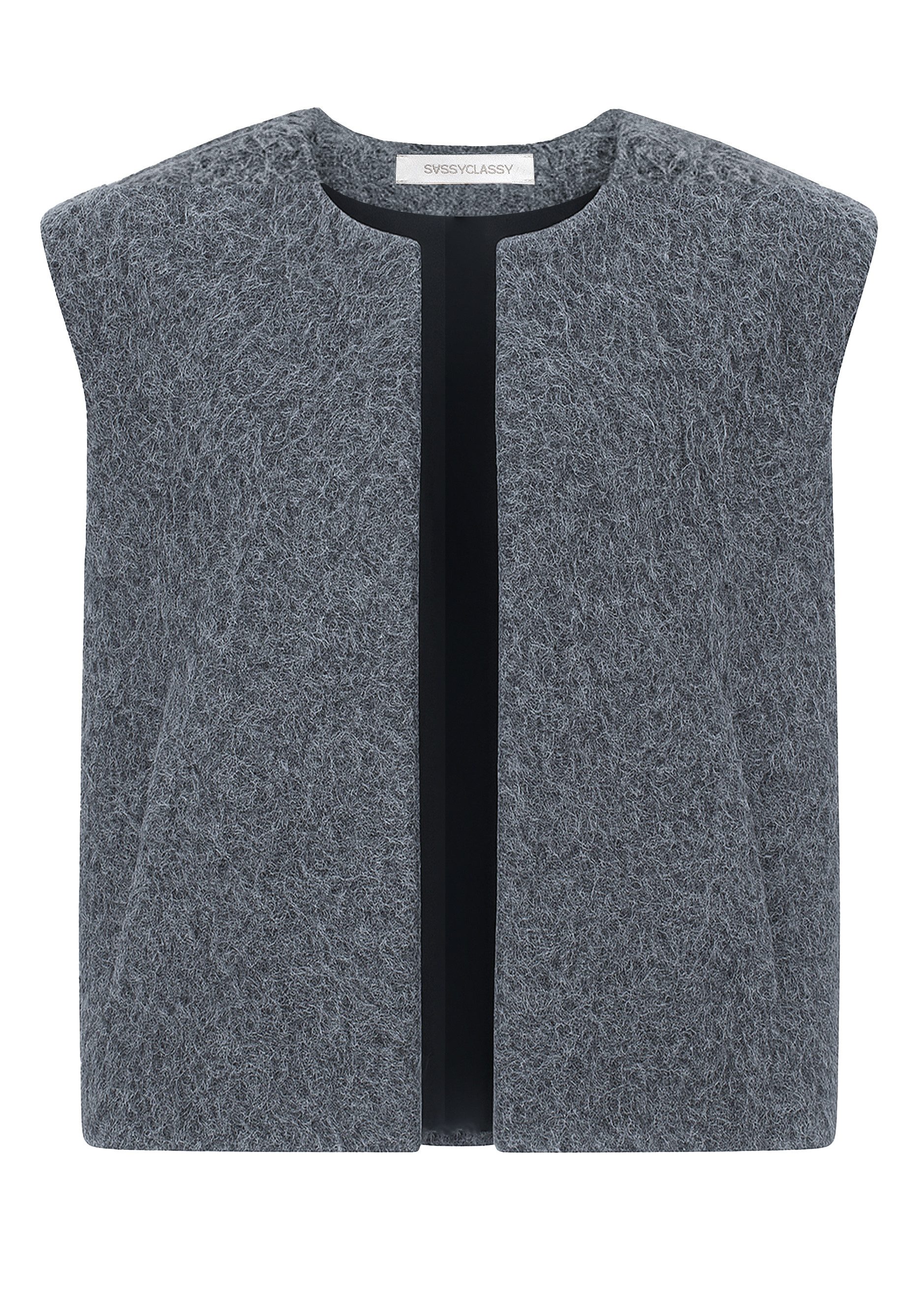 SASSYCLASSY Kurzweste Ärmellose Weste mit Wollstruktur für Damen Cozy Weste im offenem kastigen Schnitt mit Wollstruktur