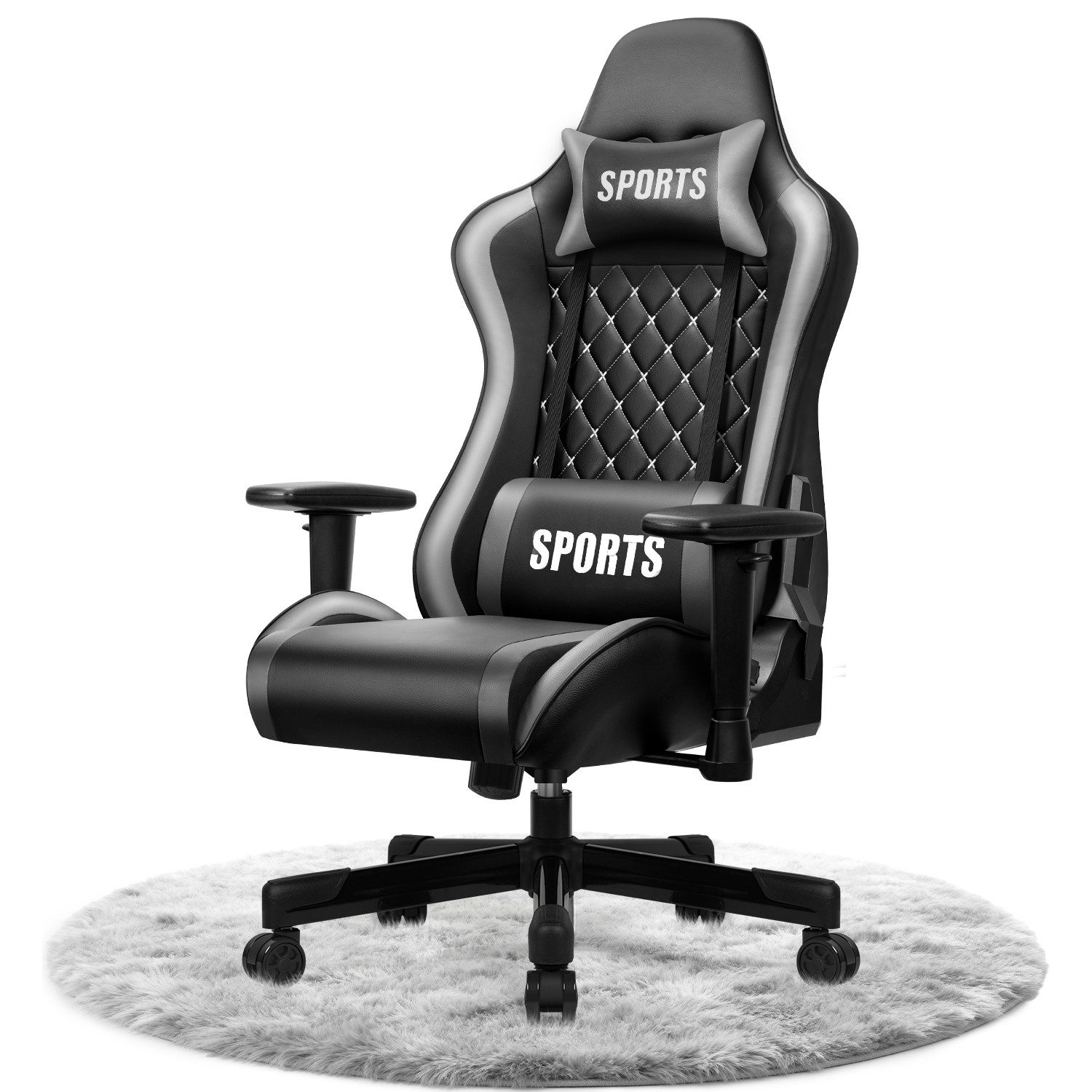 Adormii Gaming-Stuhl Gaming stuhl, ergonomisch Gaming chair, 90°–170° neig- und arretierbar (Mit Kopfstütze und Lendenkissen, verstellbaren Armlehnen, höhenverstellbarem Sitz, belastbar bis zu 150 kg), Höhenverstellbar, Armlehnen verstellbar, Abriebfestiges Leder, 150KG