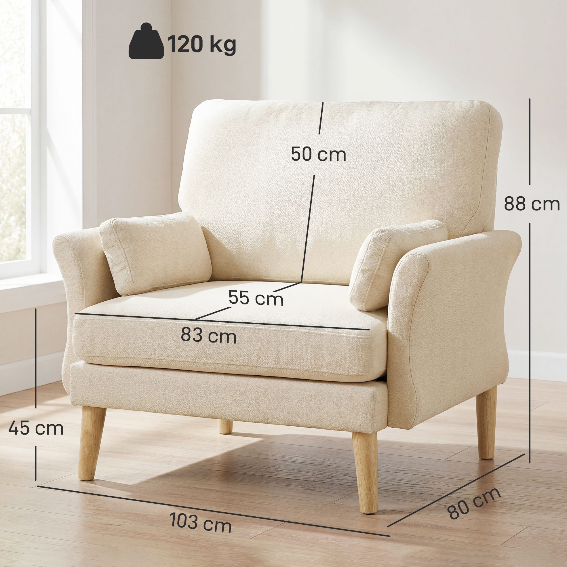 HOMCOM Sessel Loungesessel mit Armlehnen, Polstersessel mit Kissen, Creme (Einzelsofa, 1-St., Relaxsessel), Extra breiter Sitz, samtweicher Bezug – Bild 3 von 5