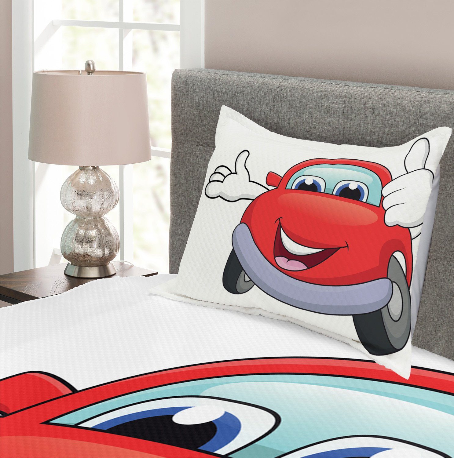 Tagesdecke Abakuhaus, mit Cartoon-Rot-Fahrzeug Waschbar, Kissenbezügen Autos Set Glücklich