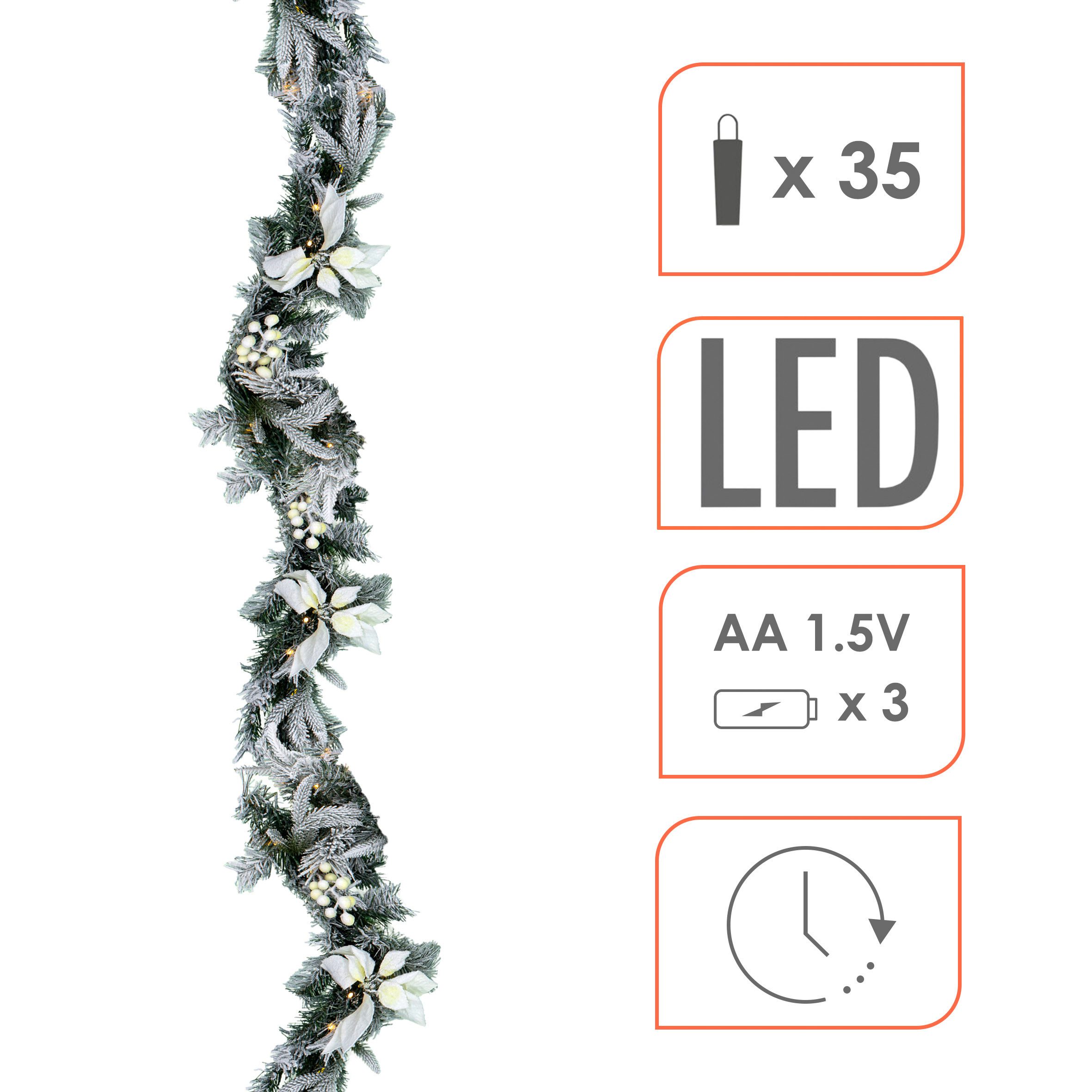 Spetebo Girlanden Weihnachtsgirlande oder -Kranz mit Schnee und weißen Blumen (1-tlg), mit Timer Funktion – Bild 3 von 5