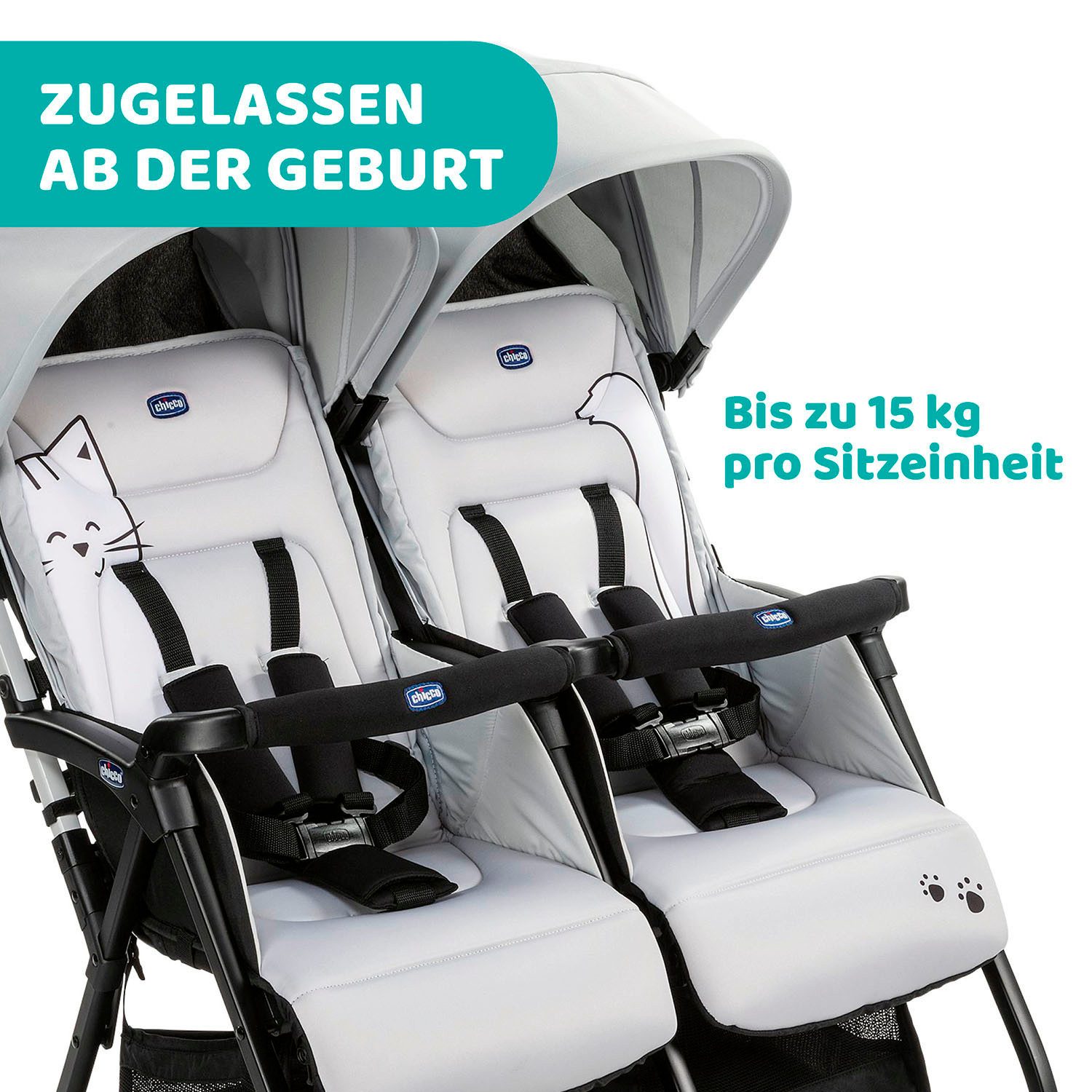 Chicco Zwillingsbuggy OHlalà Twin, Silver Cat, Zwillingskinderwagen