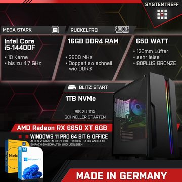 SYSTEMTREFF Basic Gaming-PC (Intel Core i5 14400F, Radeon RX 6650 XT, 16 GB RAM, 1000 GB SSD, Luftkühlung, Windows 11, WLAN)