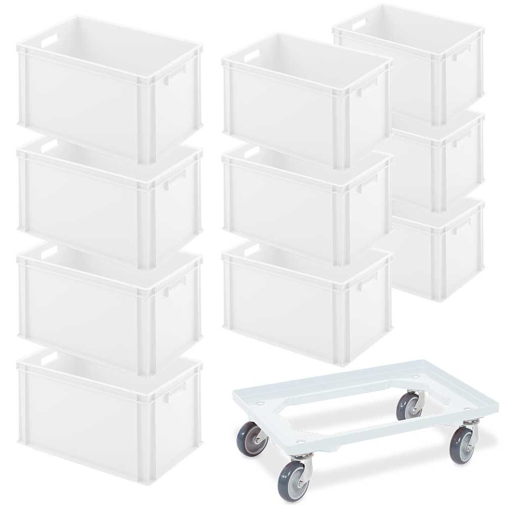 BRB-Lagertechnik Stapelbox 10er SPAR-Set Euro-Behälter + Transportroller, 600x400x320 mm, 10x Euro-Behälter PLUS Transportroller