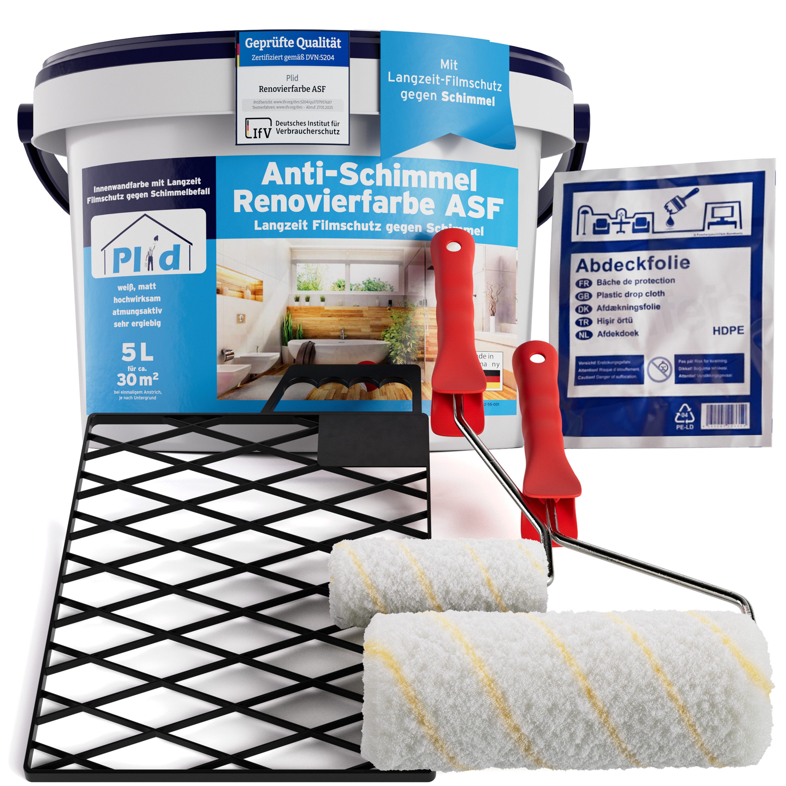 plid Wand- und Deckenfarbe Anti-Schimmelfarbe Schimmelschutzfarbe Feuchtraumfarbe Schimmelfarbe, Schnelltrocknend, spritzarm, verarbeitungsfertig