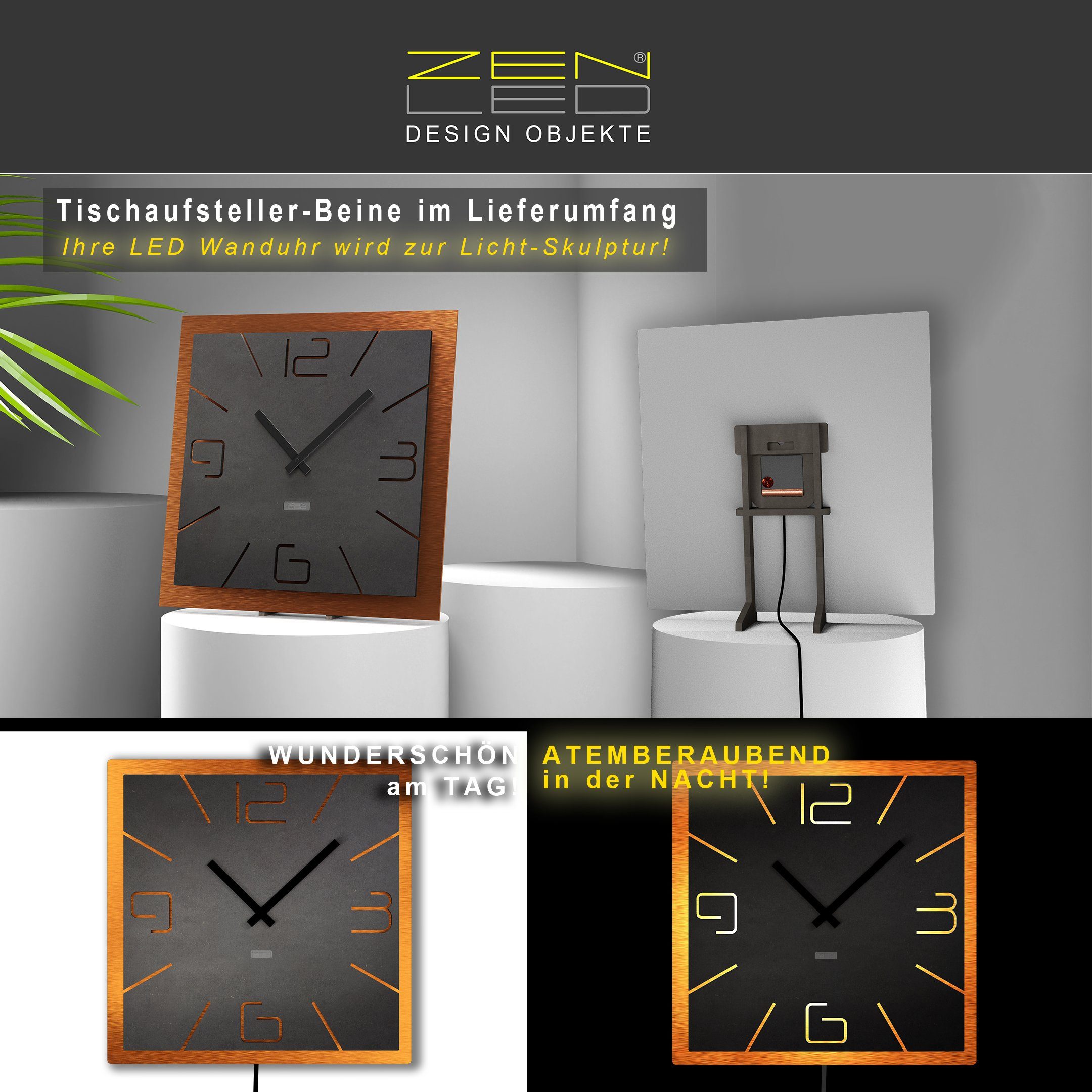 3D-Effekt Fernbedienung) über ECKIG in und Holz mit - Wanduhr 40/56cm DOPPIO Kupfer Metall Wanddeko Designer Optik LEDs steuerbaren (hinterleuchtet ZENLED warm-weiss