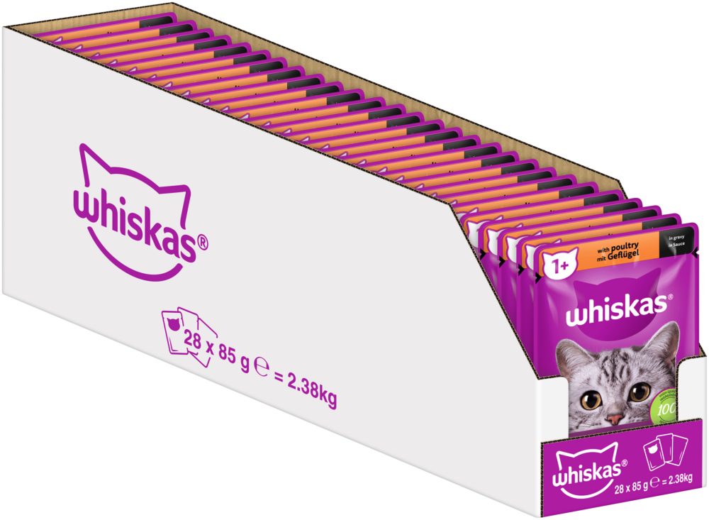 Whiskas WHISKAS® Portionsbeutel 1+ mit Geflügel in Sauce 28 x 85g, Nassfutter für: Katze