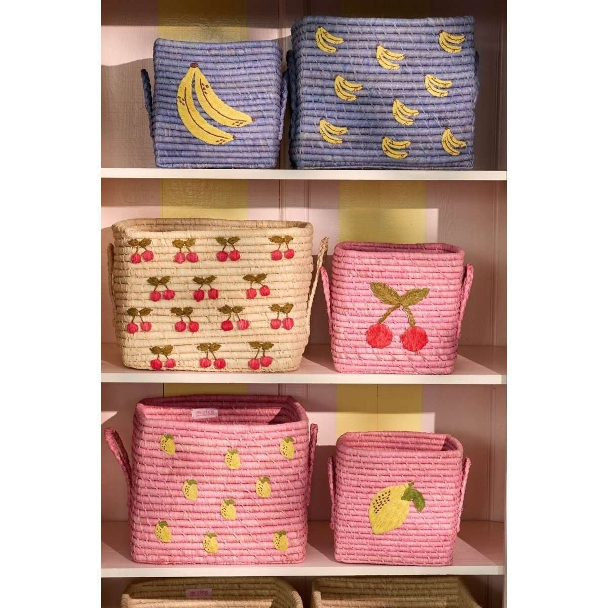 rice Aufbewahrungskorb Raffia Korb rosa mit Zitronenmotiv, handgefertigt, 20 cm