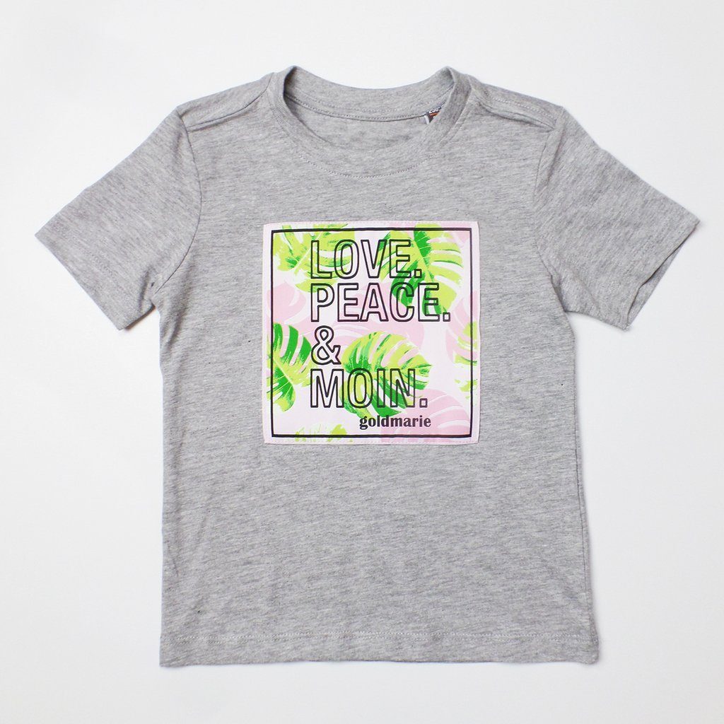 goldmarie T-Shirt LOVE PEACE MOIN für Kinder Floral-Palmen Applikation grau