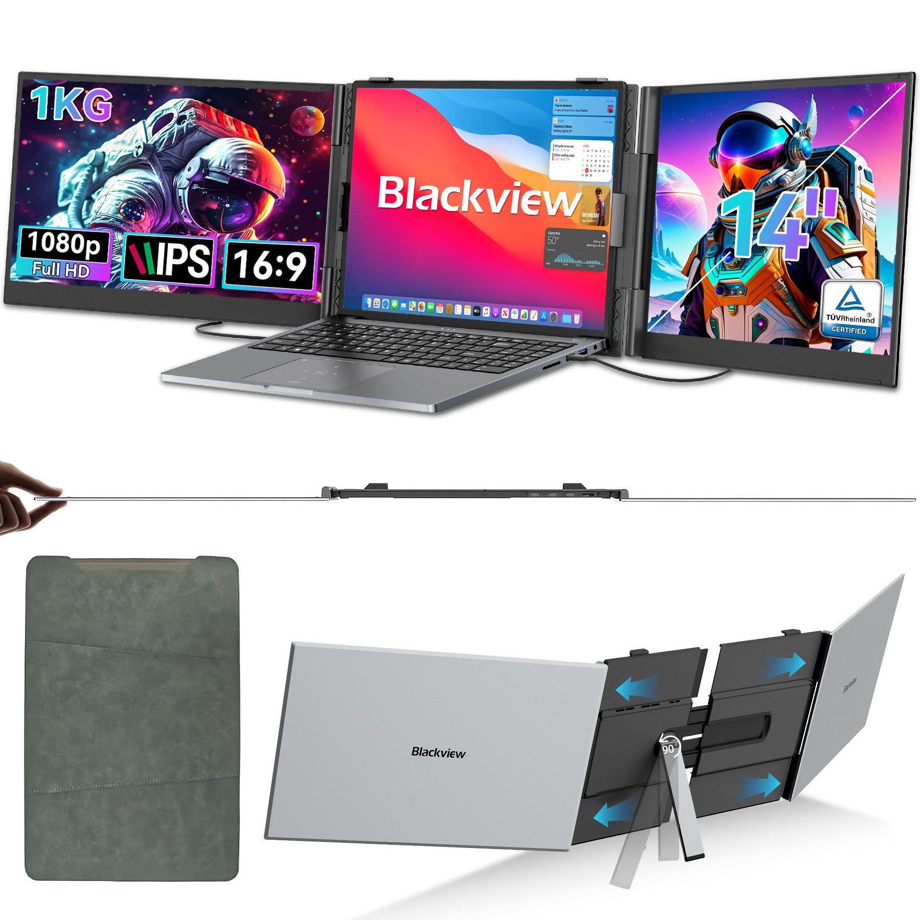 blackview 14" FHD Gaming Monitor DCM6, Dual-Screen, LCD, IPS, Portabler Monitor Portabler Monitor (1920x1080 px, Full HD, IPS, 180° Gaming Monitor, 13,3-17,3" - Windows/Mac/Android/Chrome)