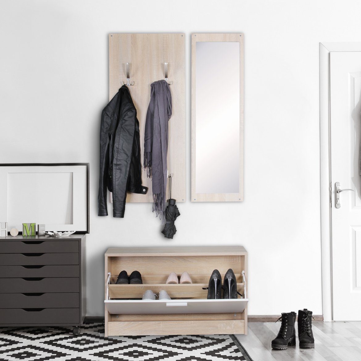 FINEBUY Garderoben-Set SuVa7080_1, (Wandgarderobe mit Spiegel günstig online kaufen