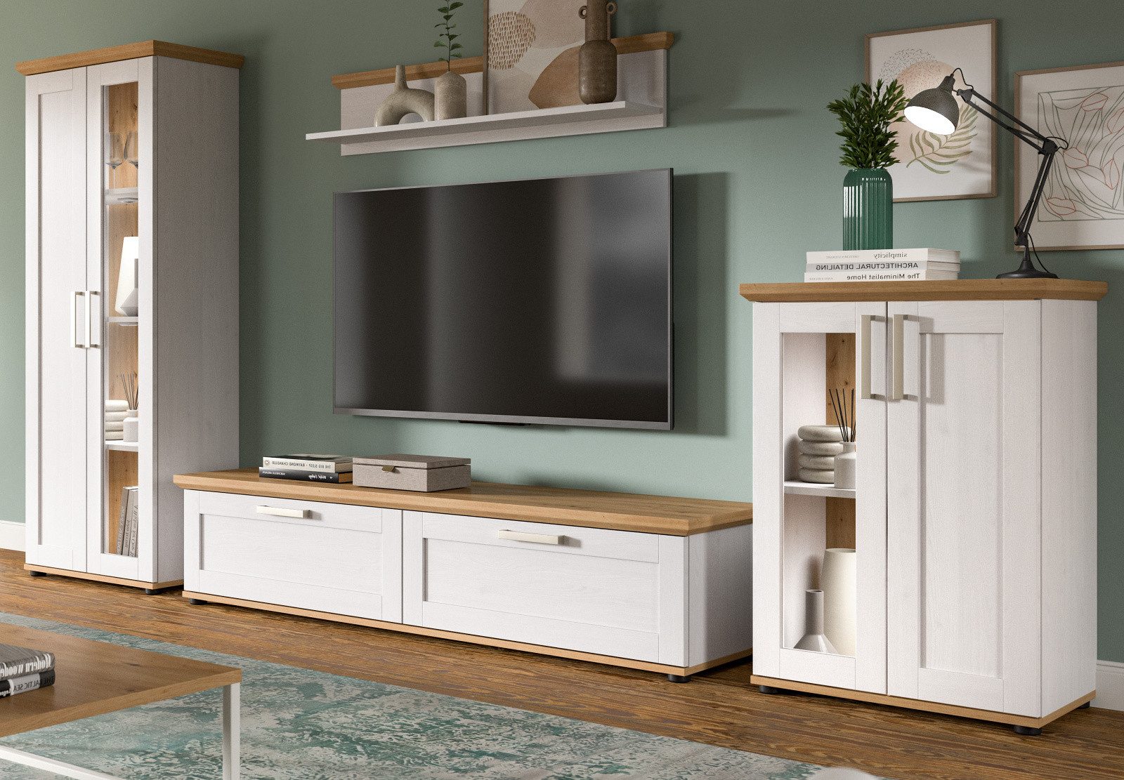 Inn.Furn Wohnwand Mirano, (in weiß Lärche Landhaus und Eiche Artisan, Set 4 günstig online kaufen