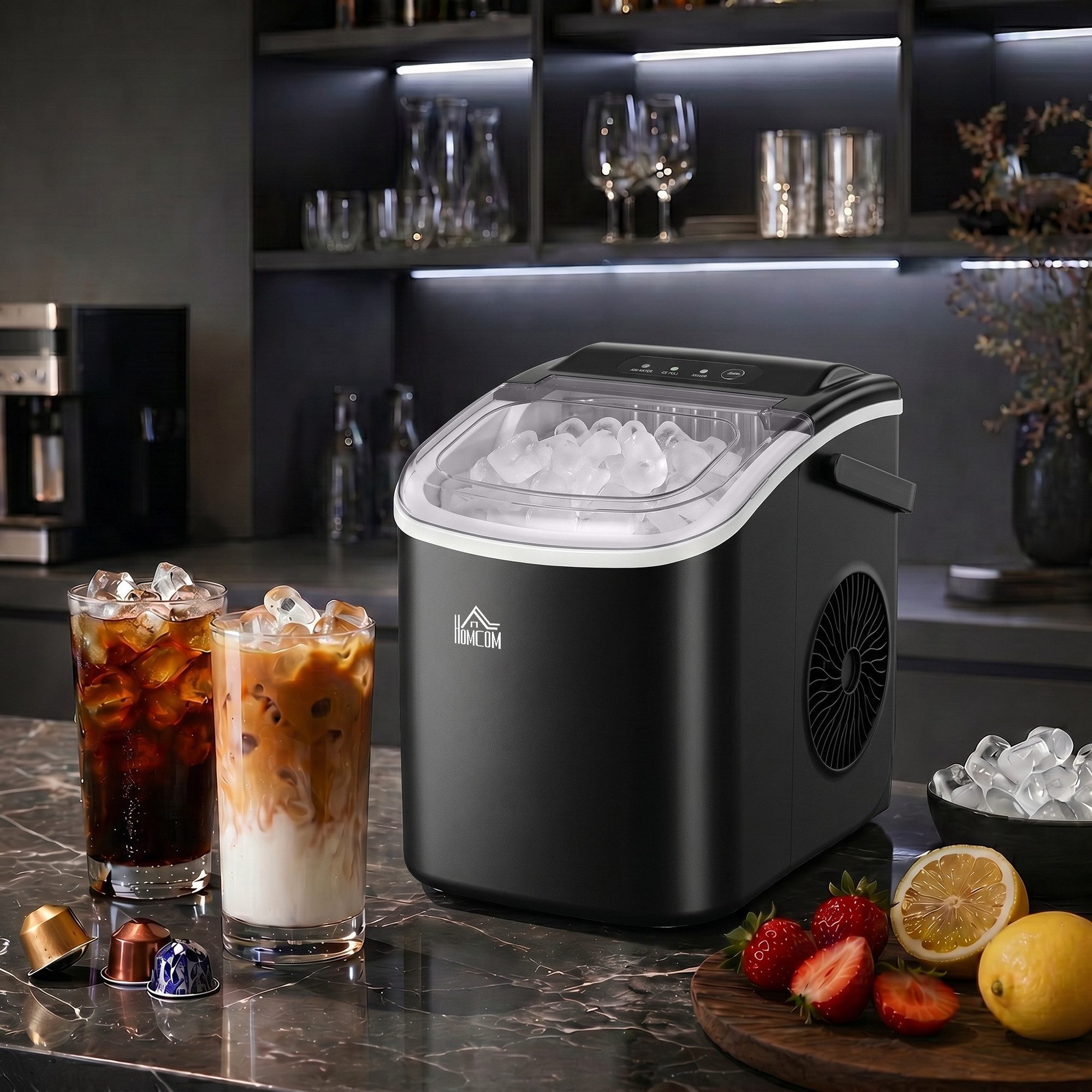 HOMCOM Eiswürfelmaschine Selbstreinigender Eiswürfelbereiter mit Eisschaufel Ice Maker, für Küche, Büro, Bar und Party, Schwarz