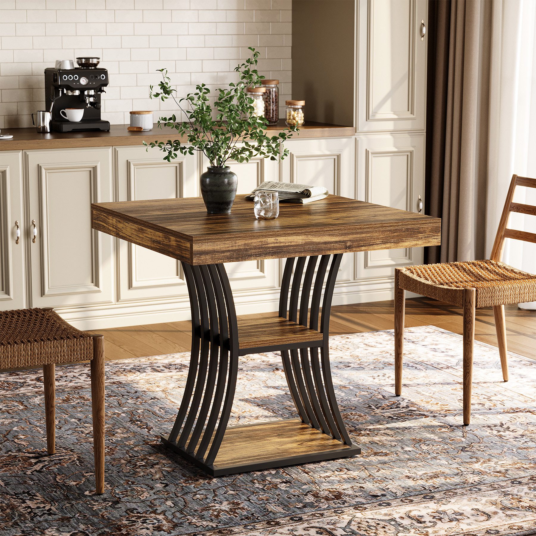 Tribesigns Esstisch für 4 Personen Industrie-Stil, 80x80cm Küchentisch mit 2 Ablagefächern