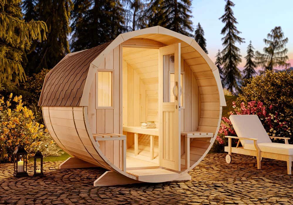 FinnTherm Fasssauna Sam, BxTxH: 220 x 280 x 231 cm, 42 mm, in Naturbelassen Inkl. Fußboden