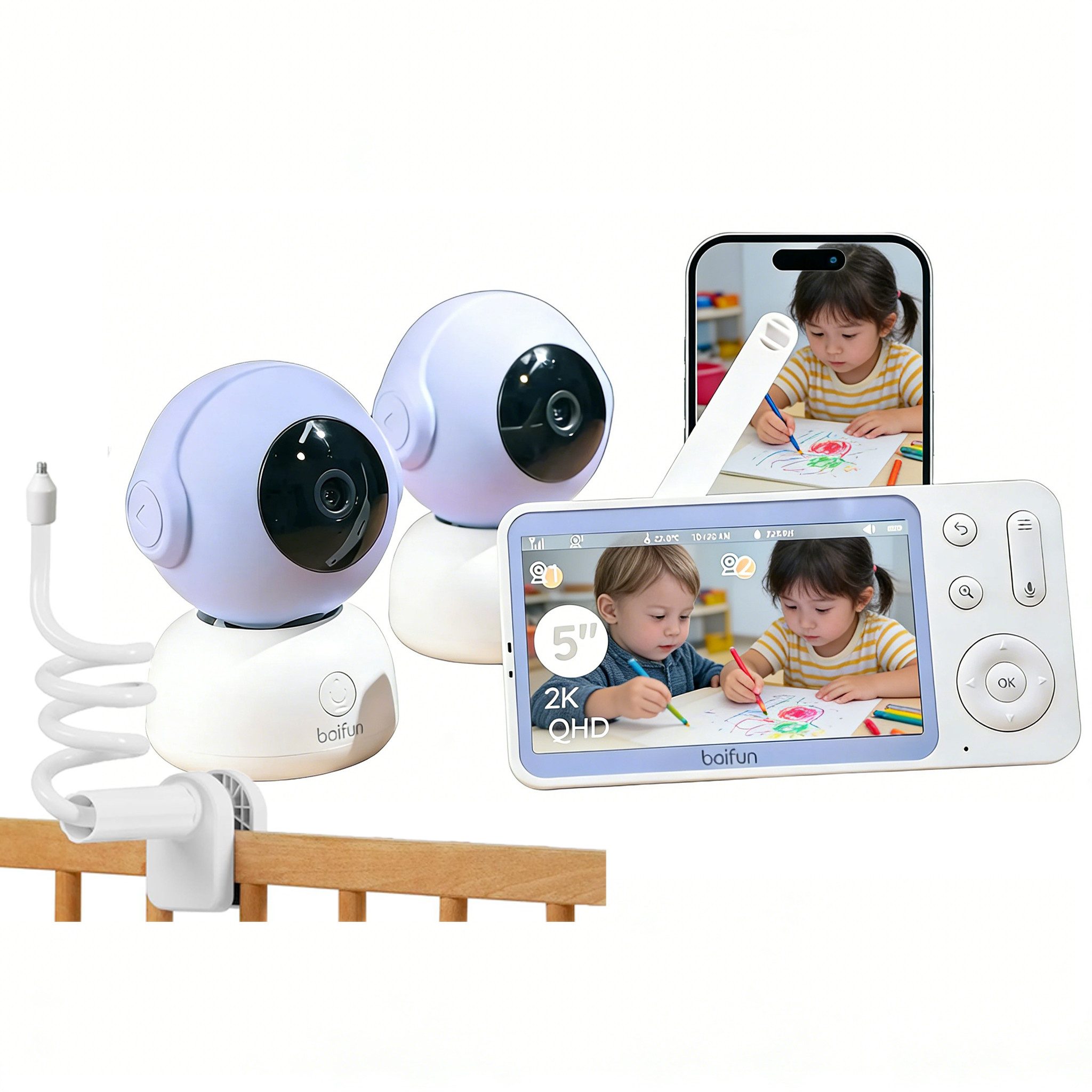 Boifun Video-Babyphone Babyphone 720P mit Kamera 5 Zoll Baby Monitor, mit Kamera und Audio WLAN, 3000-mAh-Akku, 1-tlg., unterstützt Temperaturüberwachung Schlaflied Wecker, Nachtsicht, Bidirektionales Interkom, Zwei-Wege-Audio VOX-Modus