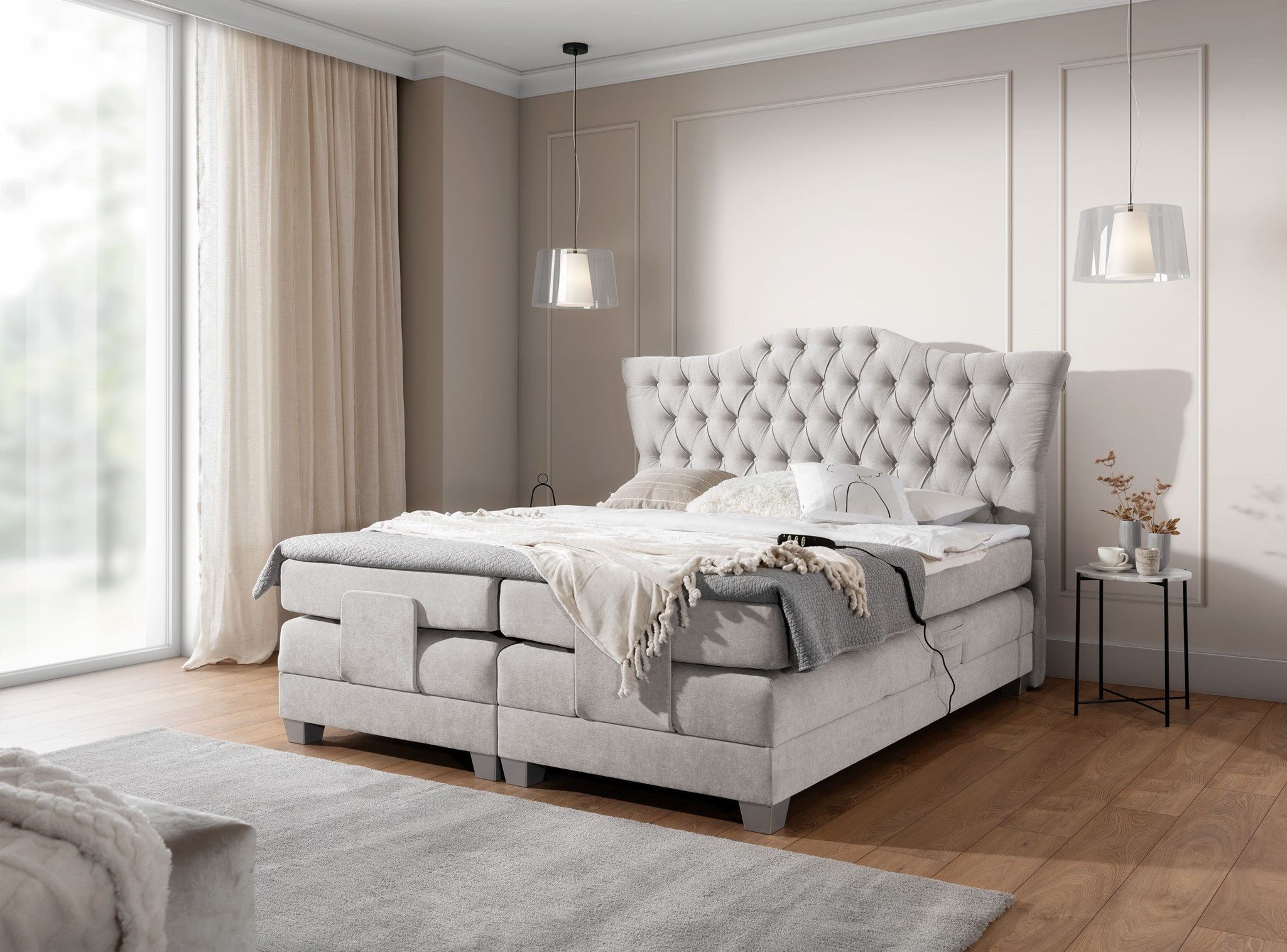 DB-Möbel Boxspringbett Schlafzimmerbett "FAUSTINO" Elektrisch in Stoff Wind (inkl. Viscoschaumtopper), Matratzen elektrisch verstellbar)