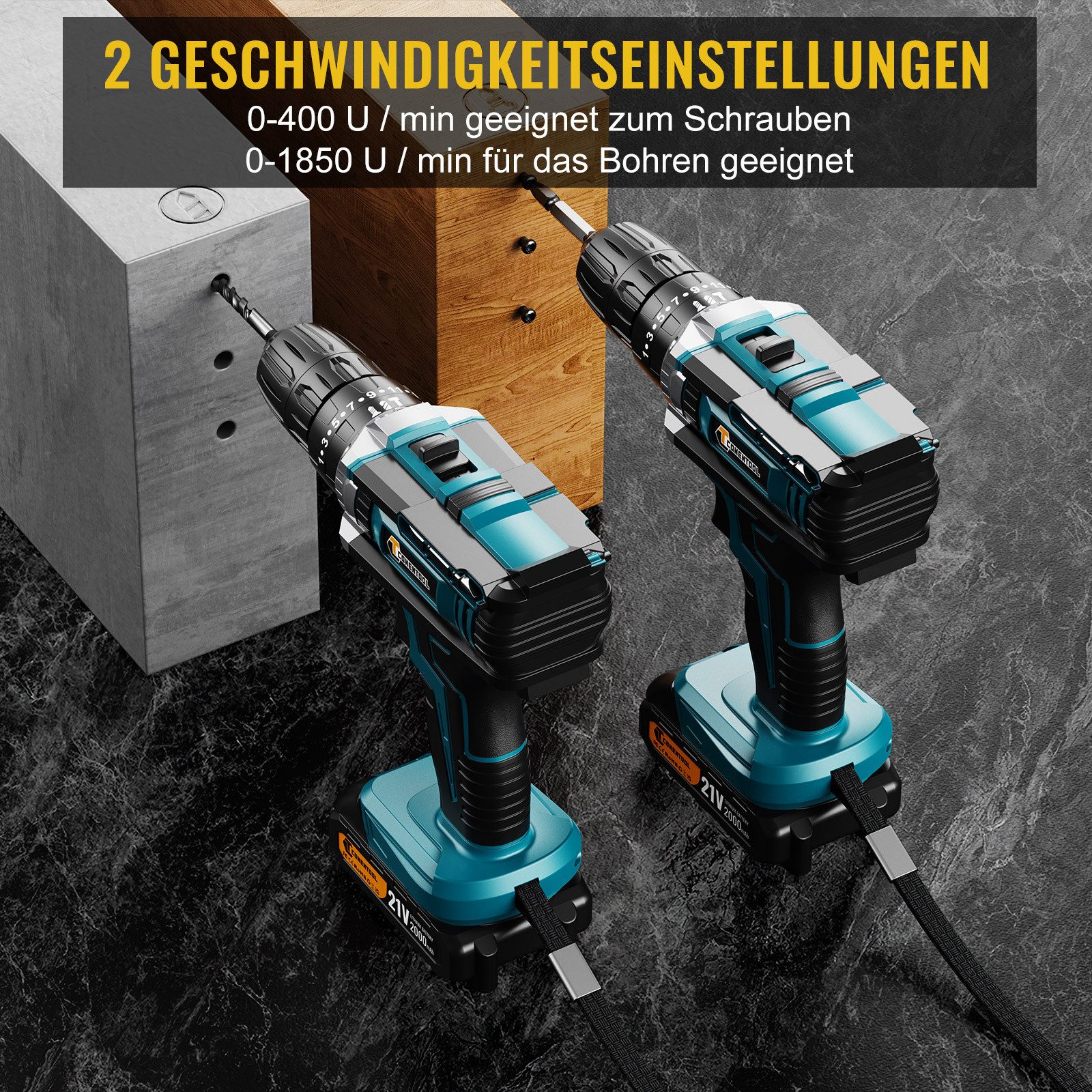 CONENTOOL Akku-Schrauber Akkuschrauber und Bohrschrauber, 1850 U/min, 45 Nm, (Set, 21V), mit 2 x 2000mAh Akkus & 30-tlg. Zubehörset Akku-Schlagbohrschrauber