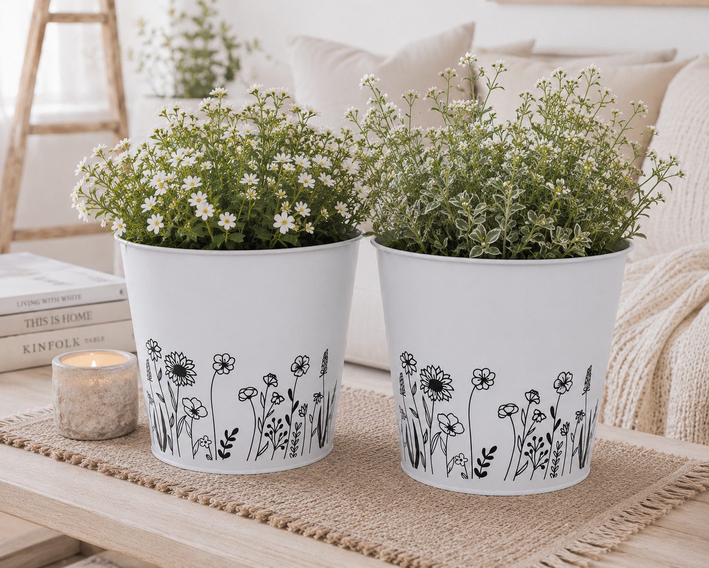 finehomegarden Übertopf Blumentopf Metall mit Blumenmotiv Weiß Pflanztopf Ø14cm H13cm (Set, 2 St., 2er-Set), Ø16x H15cm Übertopf für Zimmerpflanzen, 2Größen wäh – Bild 4 von 4