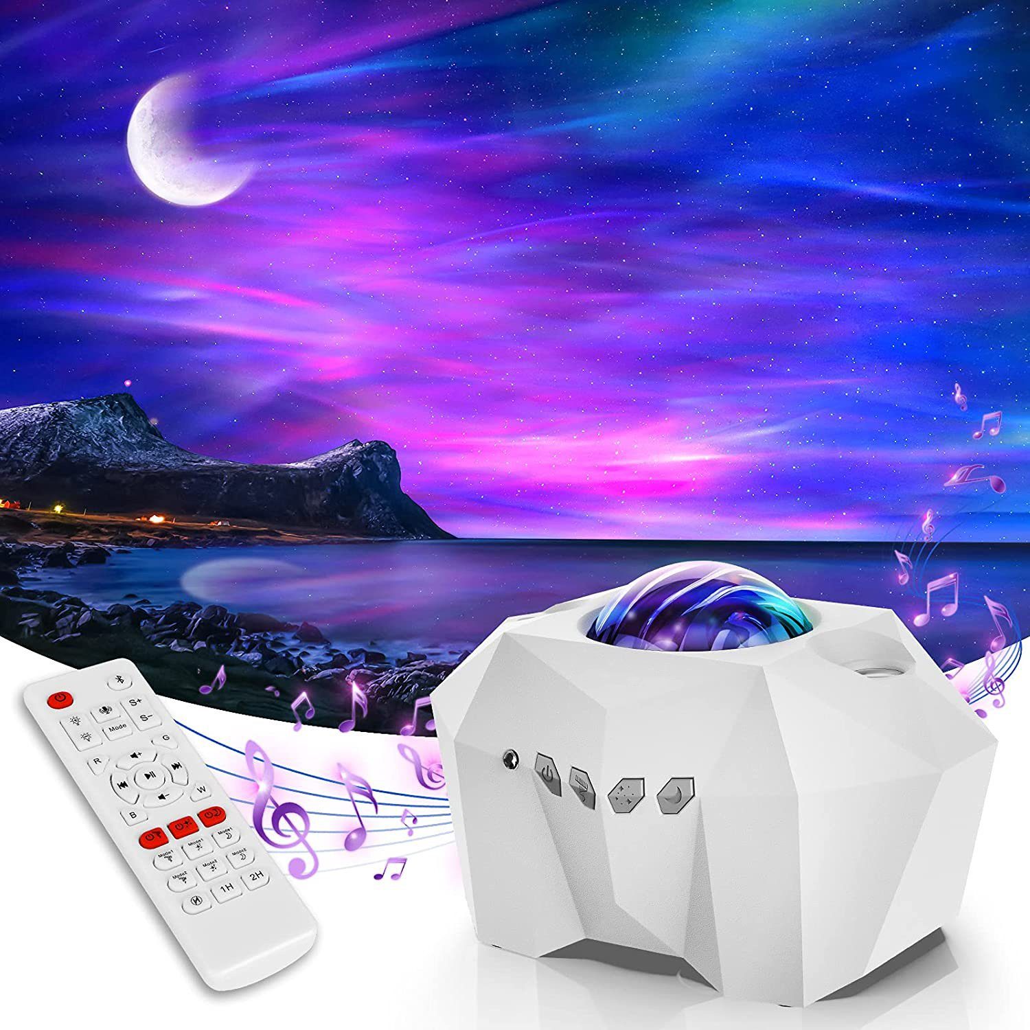 Rosnek LED Nachtlicht mit Schlafzimmer Bluetooth, Hifi-Stereo-Musiklautsprecher Sternenhimmel, für Fernbedienung, Weiß Party