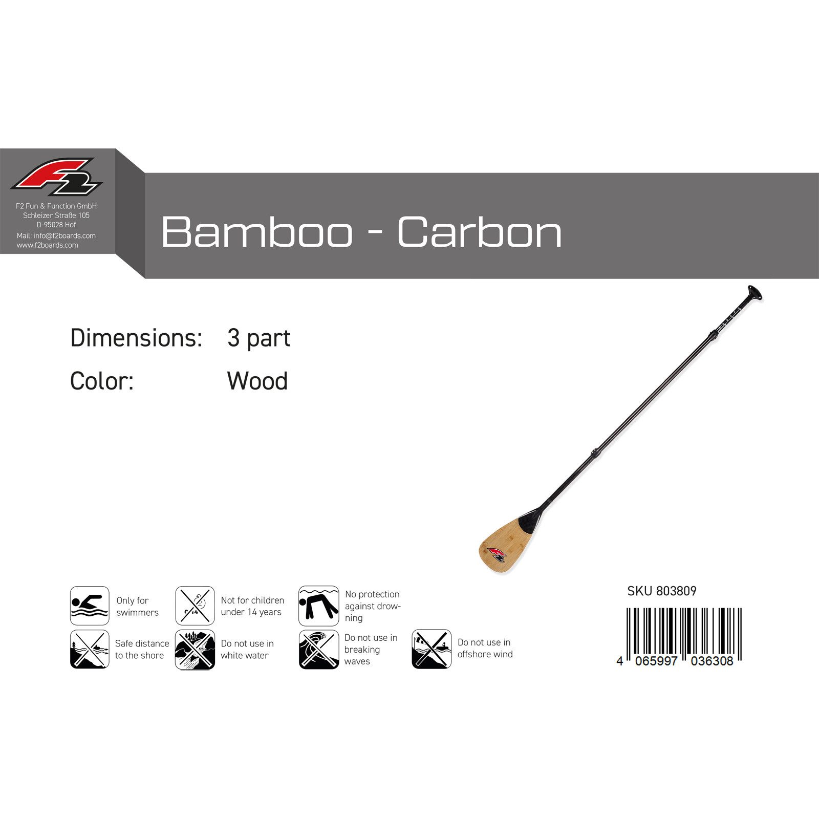F2 F2 SUP Paddel Bamboo - Carbon 3 teilig Wood 2024/25 SUP-Paddel