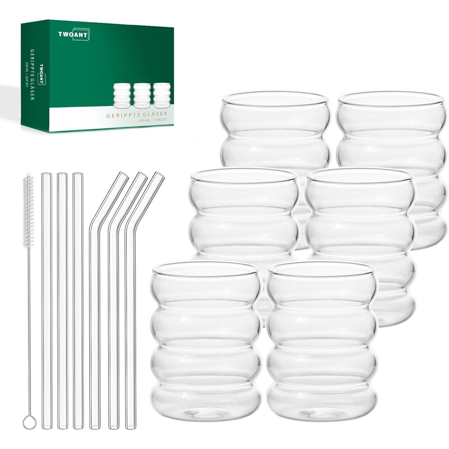 LuxusKollektion Gläser-Set Geripte Cocktailgläser Longdrinkgläser 350ml 6 Stück mit Strohhalmen