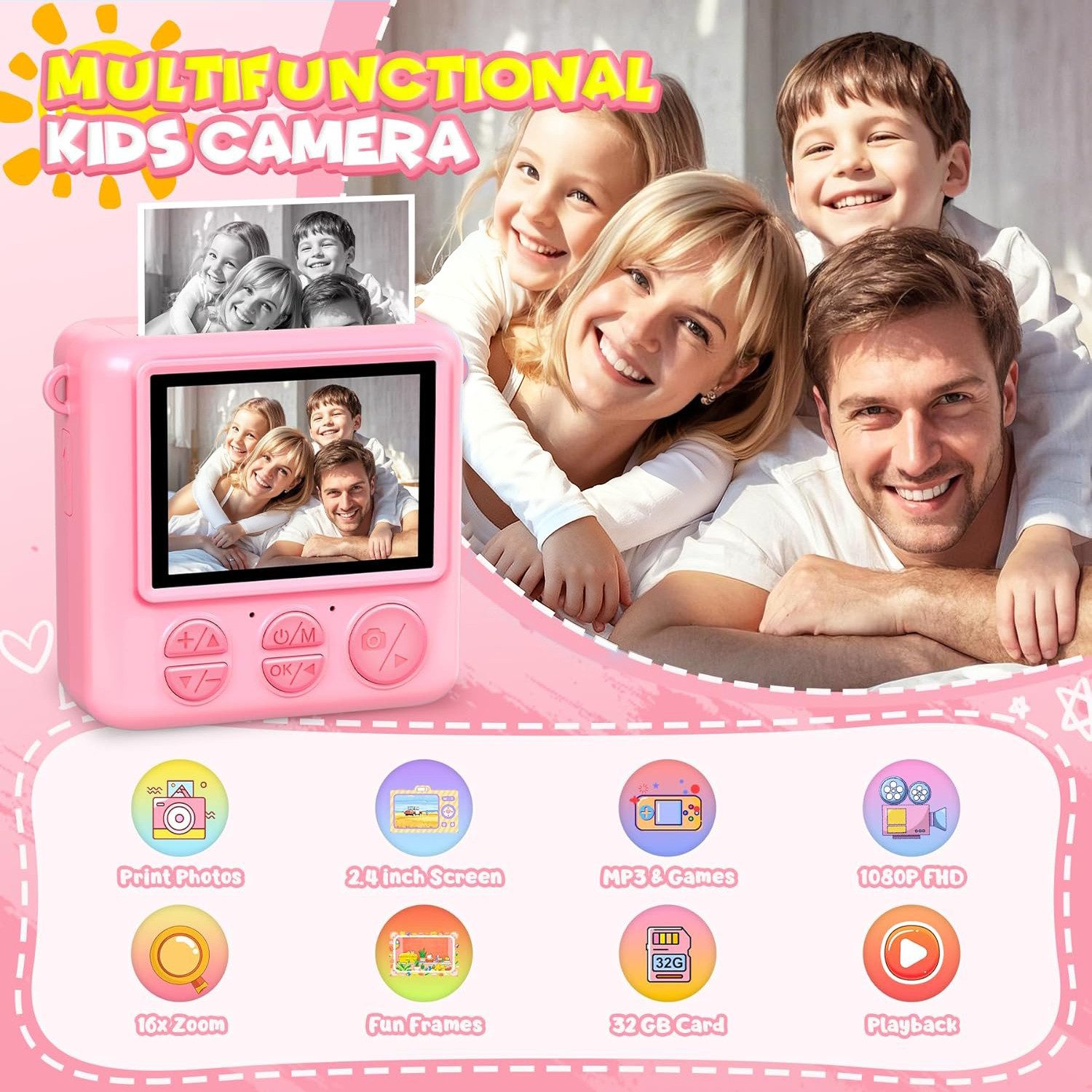 Minicloss 1080P 2,4 Zoll Bildschirm KinderKamera mit 32G Karte & Druckpapier Sofortbildkamera (30 MP)