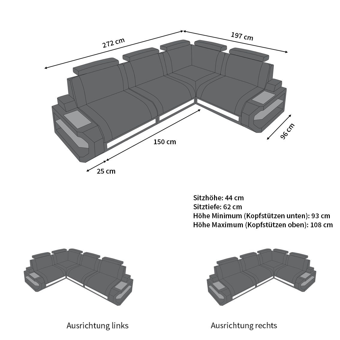Sofa Dreams Ecksofa Leder Couch Siena L Form Ledersofa, L-Form Ledersofa mit LED-Beleuchtung