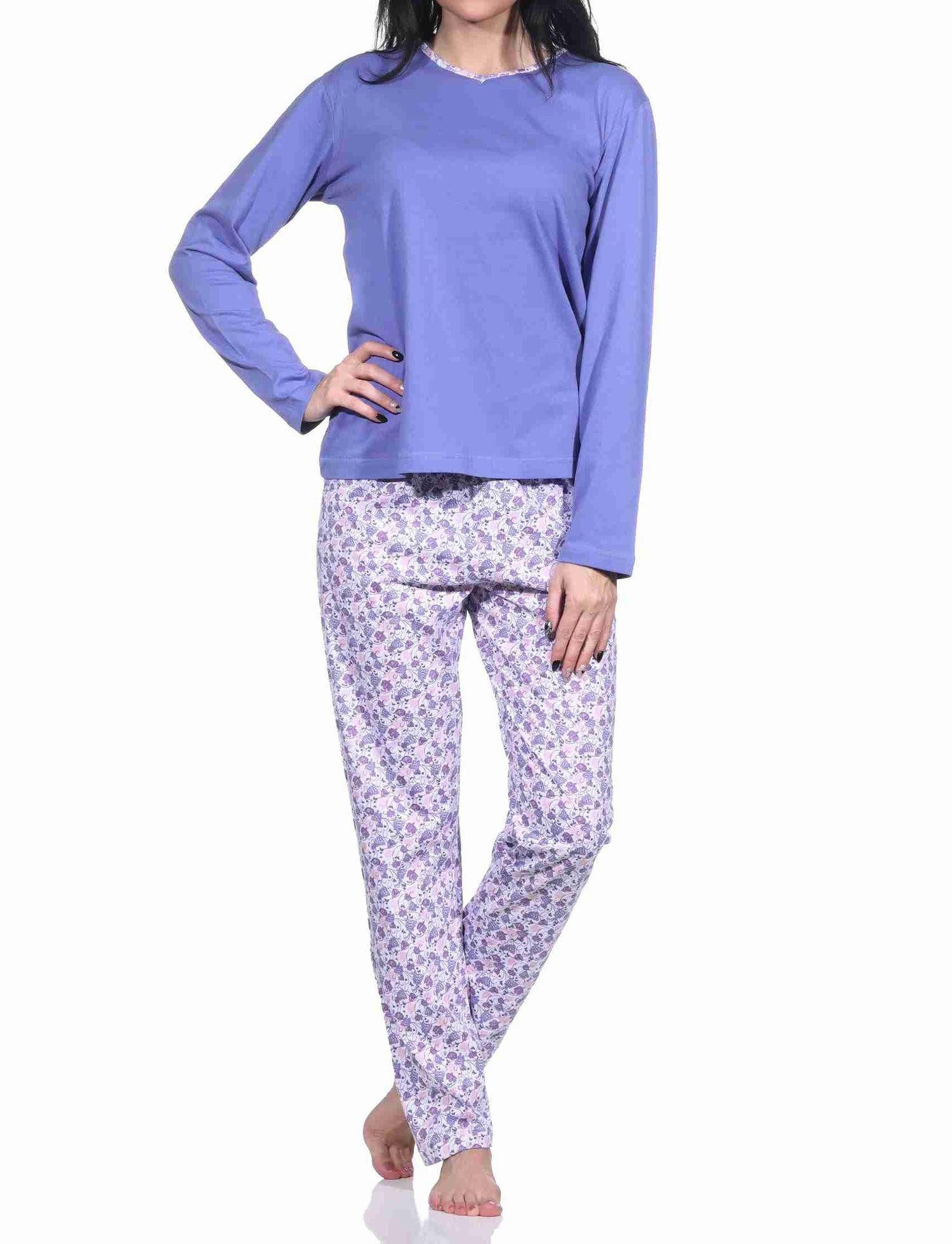 Pyjama Damen langarm Schlafanzug mit allover bedrucker Hose - 222 10 780
