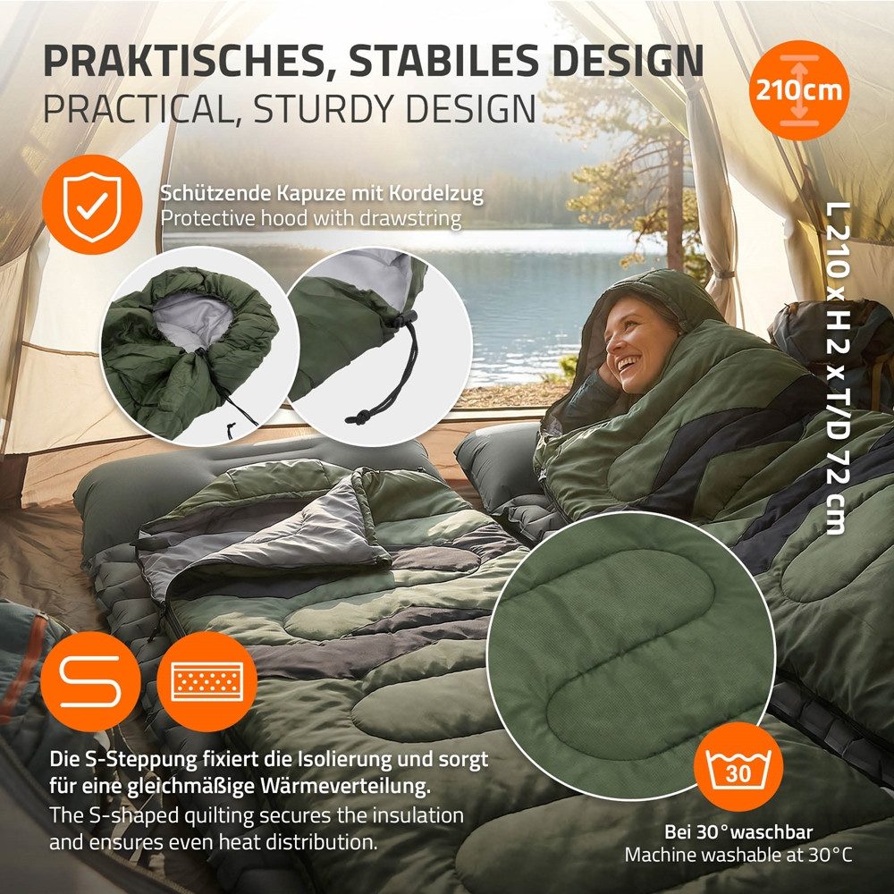 ECD Germany Deckenschlafsack Schlafsack Outdoor für Camping 210 cm Hüttenschlafsack 3 Jahreszeiten, Mumienschlafsack Khaki wasserabweisend kleines Packmaß leicht und warm