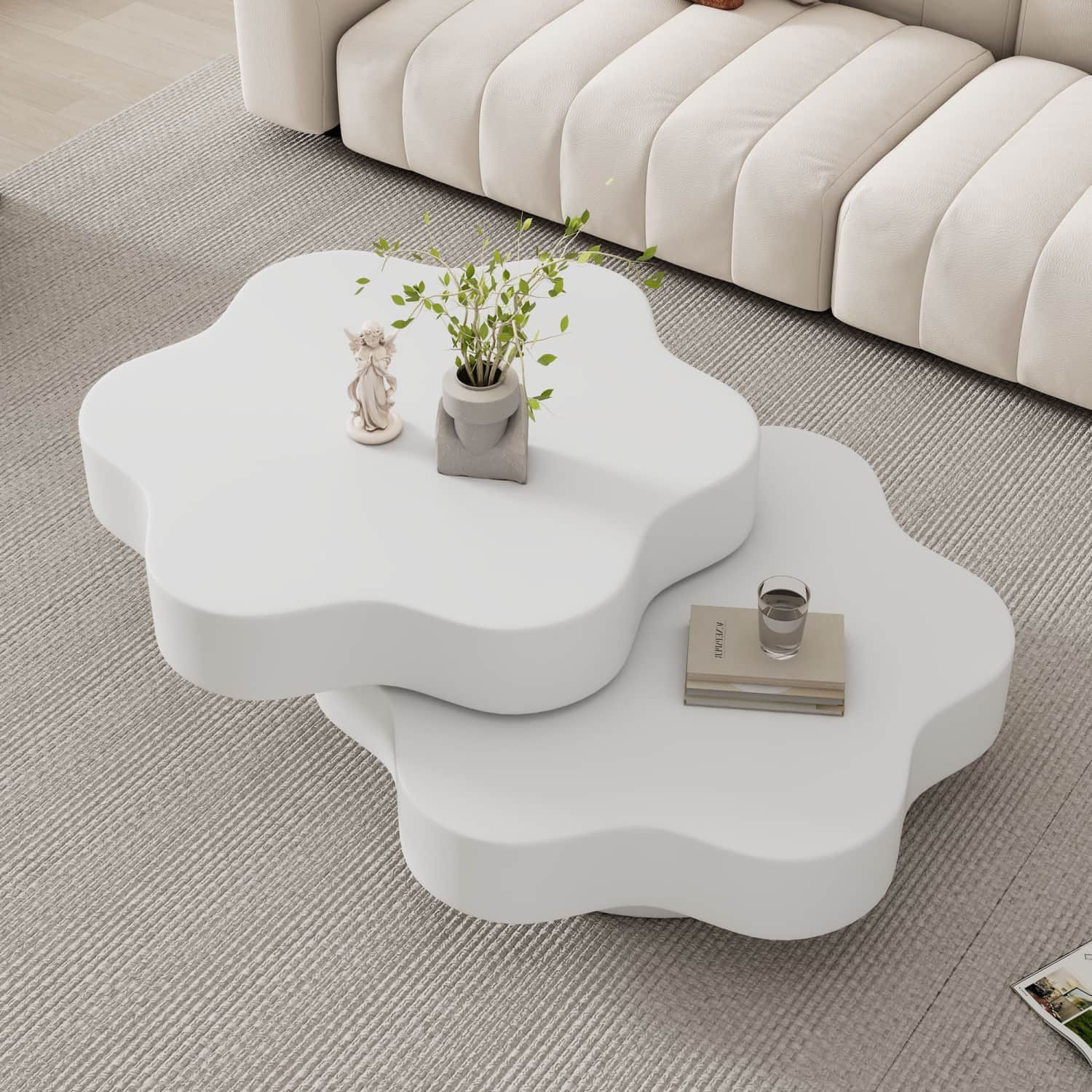 ANYSUN Couchtisch Blumenform 360° Drehbar Ausziehbare Tischplatte mit 2 Ablageebenen (1-St Sofatisch,Wohnzimmertisch), Kompakt Beistelltisch für kleine Wohnung,Cremeweiß,74,8x67.5x31cm
