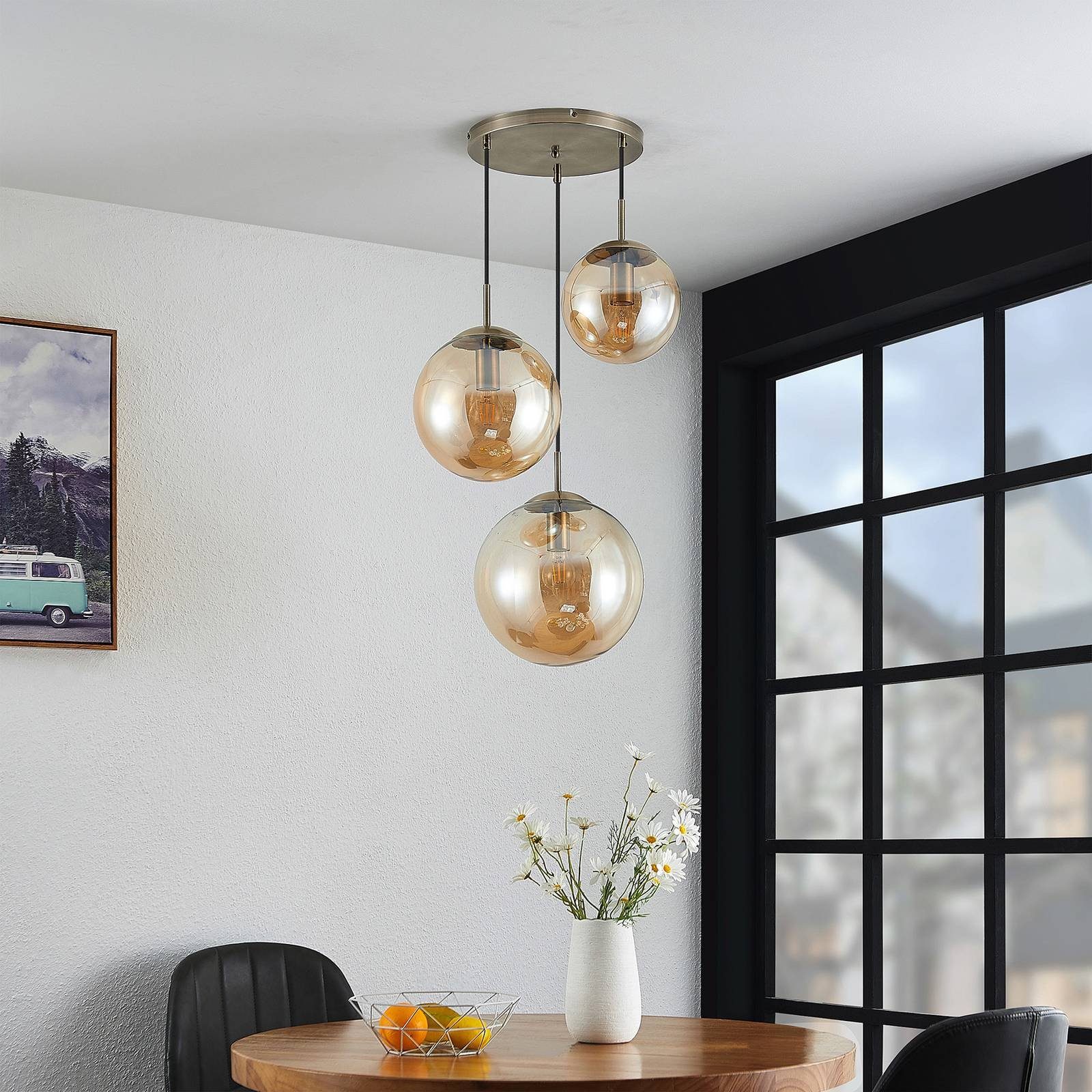 Lindby Hängeleuchte Teeja, Glas Creme IP20, 3 x 15 W LED