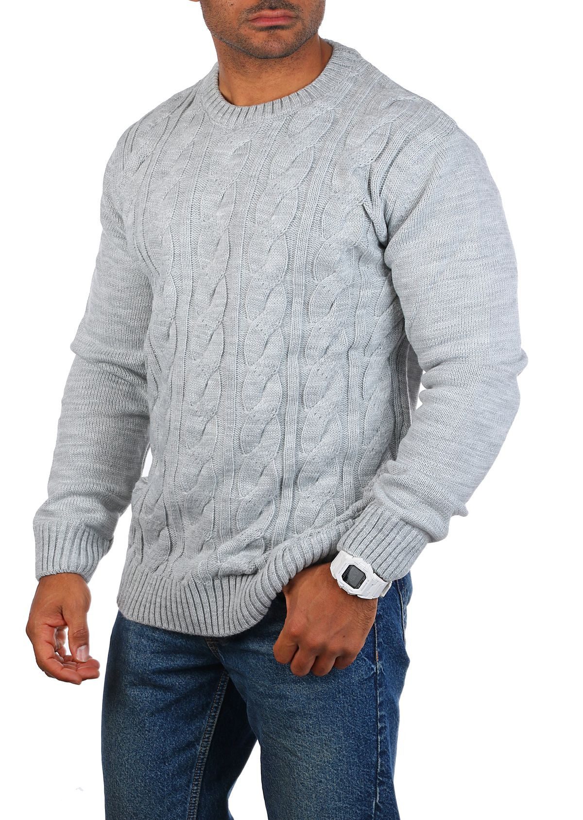 CARISMA Strickpullover Herren mit Zopf Cable Strickmuster Uni Rundhals retr günstig online kaufen