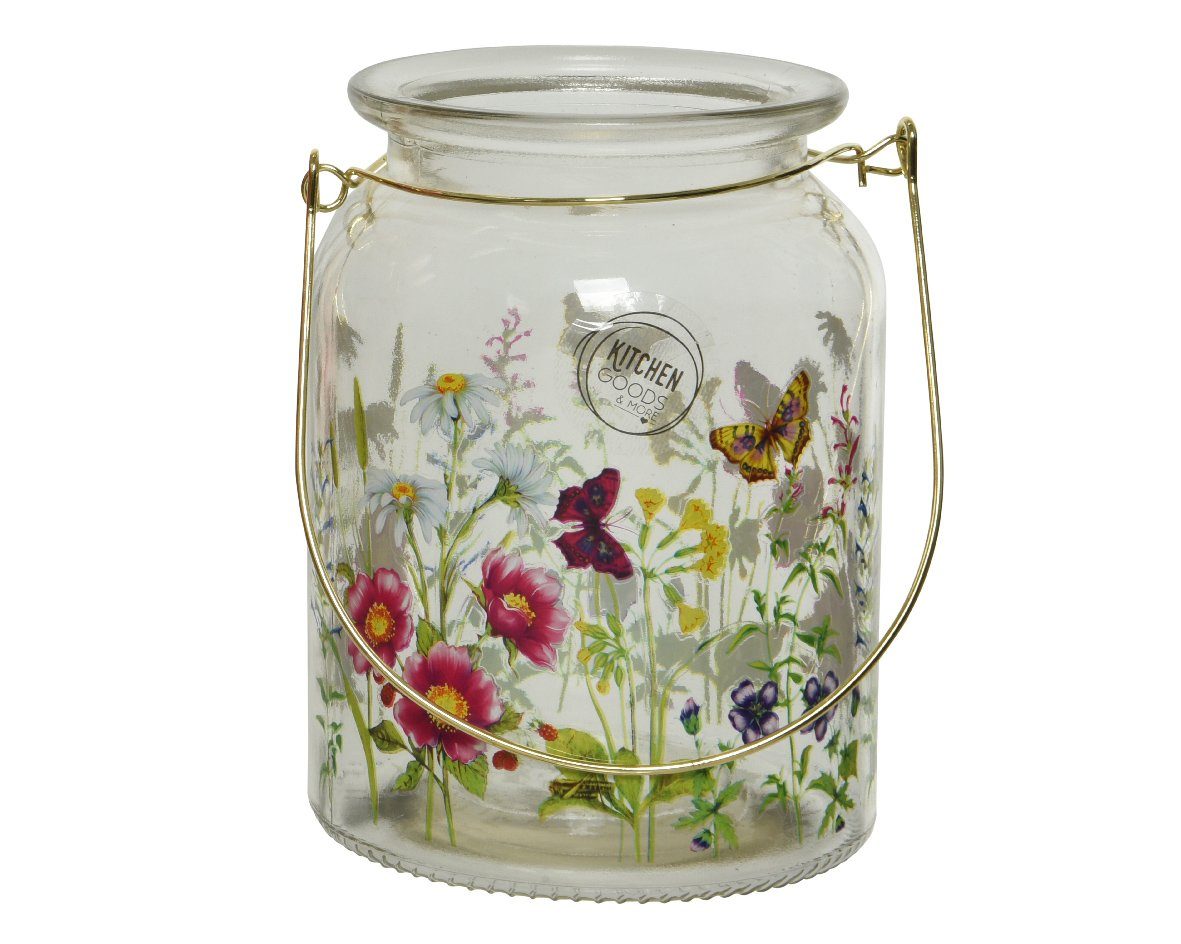 mit season Decoris Henkel 15cm Glas mit decorations Windlicht Windlicht, 1 sortiert Stück Blumen Motiv