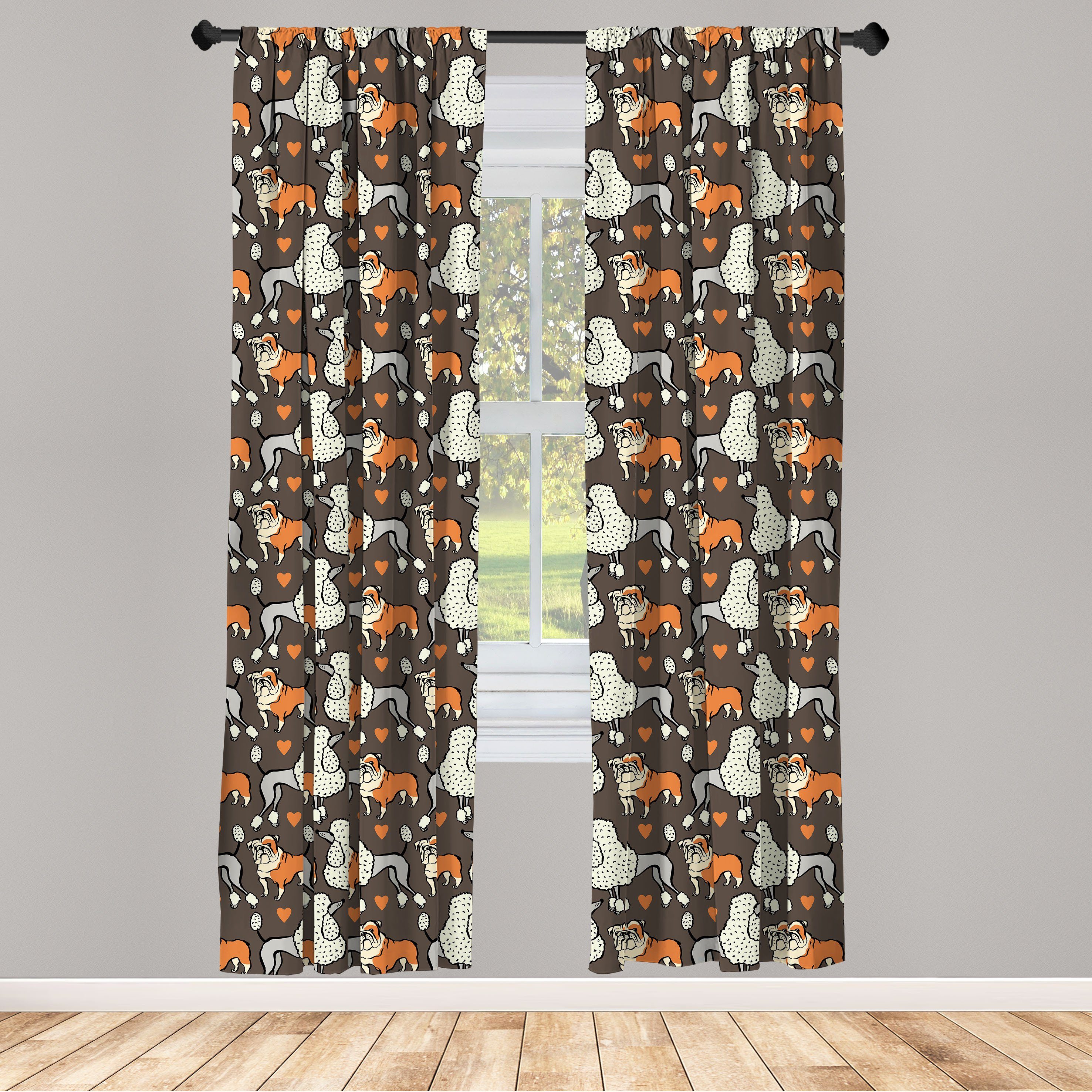 Gardine Vorhang für Wohnzimmer Schlafzimmer Dekor, Abakuhaus, Microfaser, Pudel Doodle Bulldog und Herzen