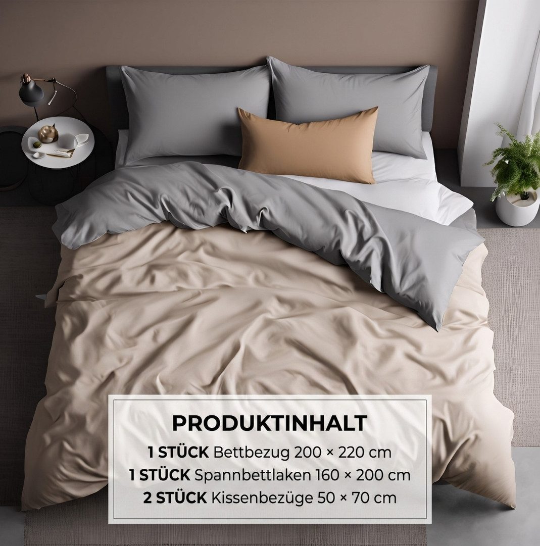 Formeya Bettwäsche Wendebettwäsche Doppelbett 200x220 cm mit Spannbettlaken 4-teilig