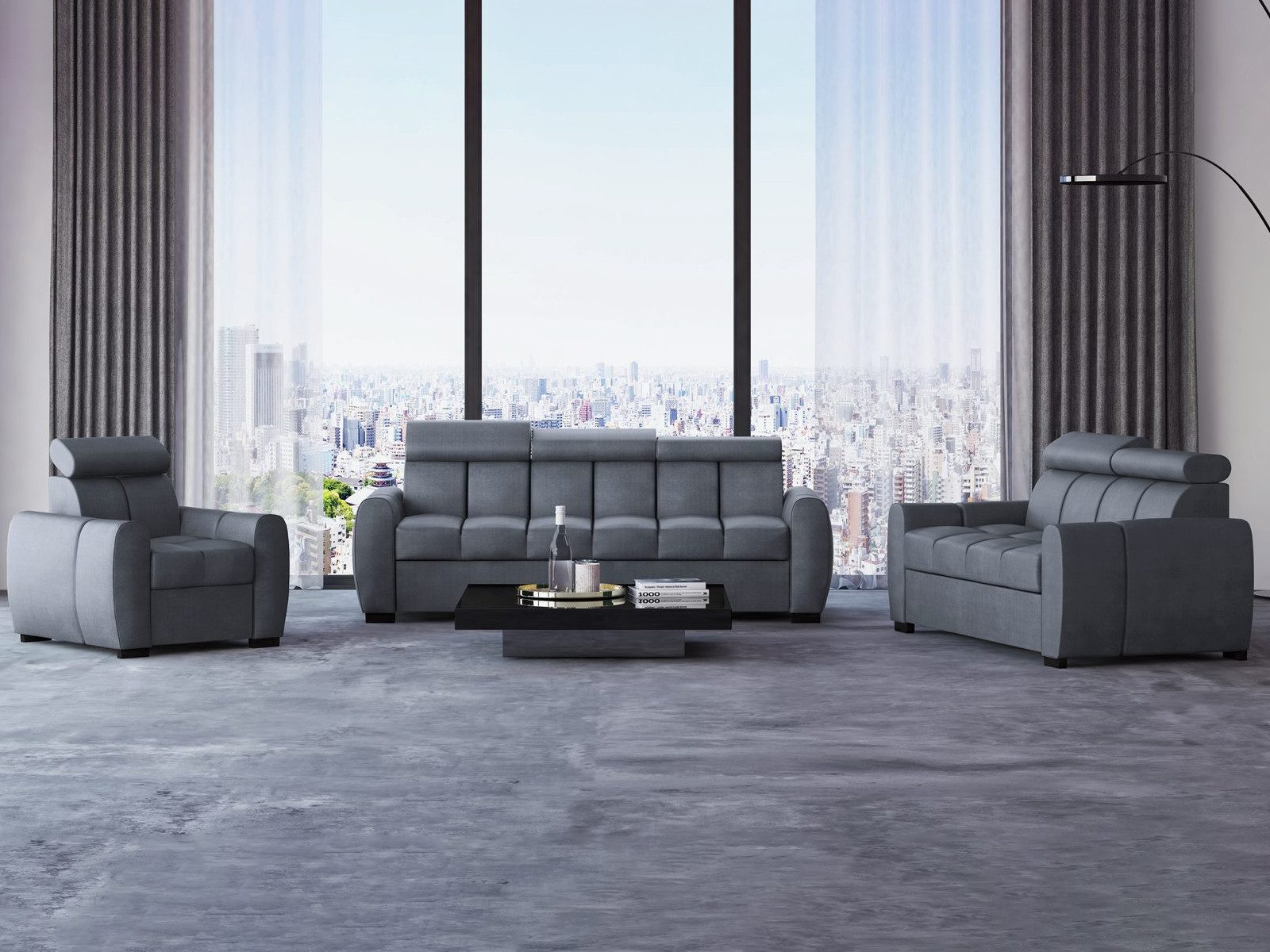 Beautysofa Polstergarnitur Gomez, (inkl. Schlaffunktion und Bettkasten, verstellbaren Kopfstützen), Designersofa 3+2+1 in Velourstoff, Rundumbezug