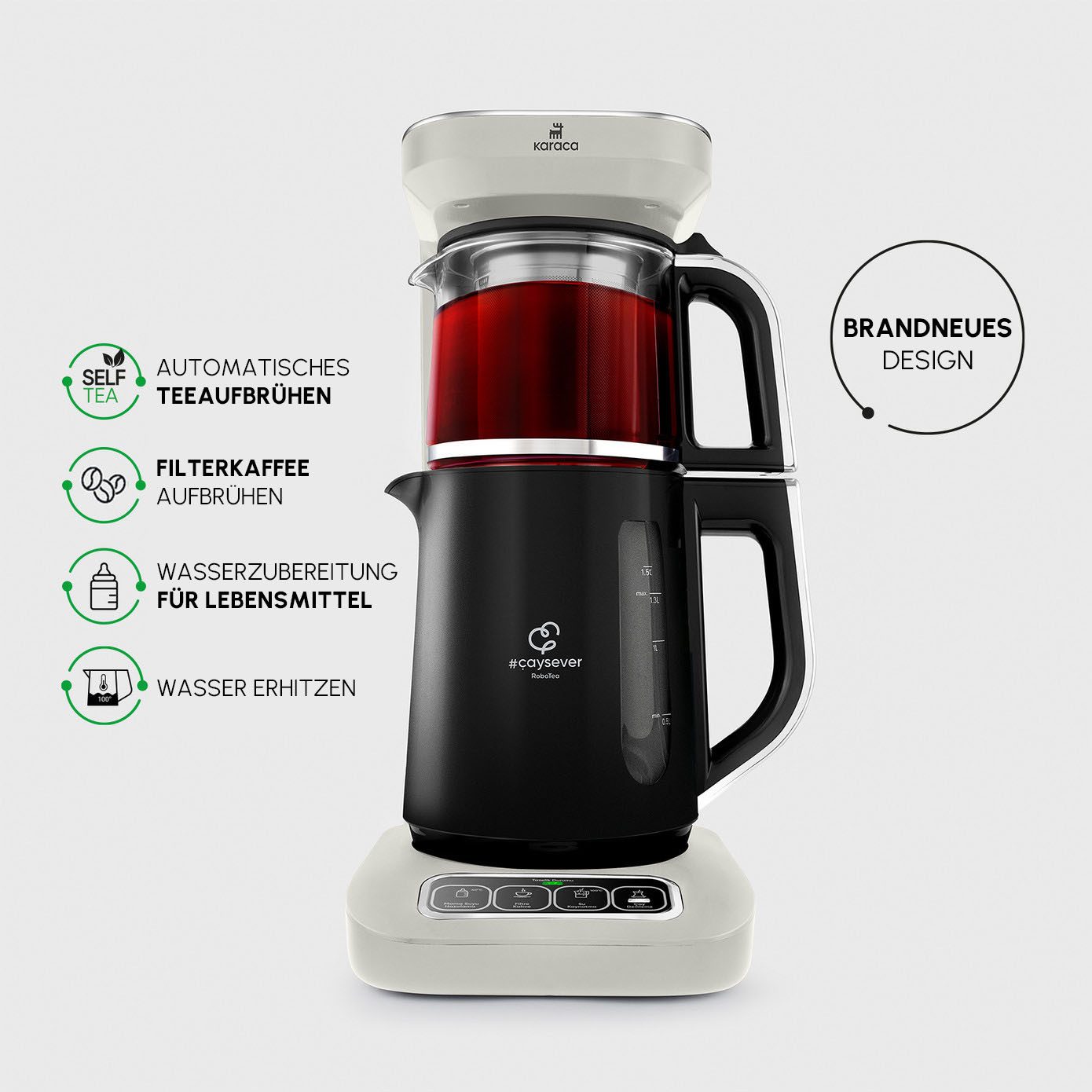 Karaca Wasserkocher Karaca Caysever Robotea Pro 4in1 Teekocher + Kaffeemaschine, Starlight, 2500 W